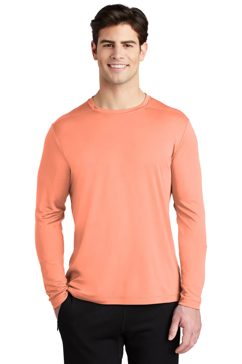 Sport-Tek Mens Moisture Wicking Long Sleeve Crewneck T-Shirt - Soft Coral Orange