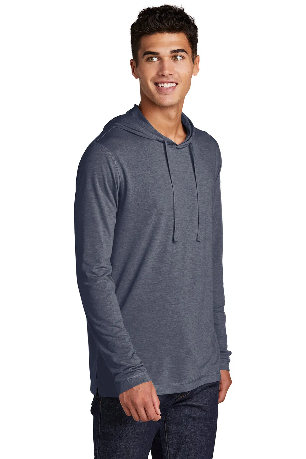 Sport-Tek Mens Moisture Wicking Long Sleeve Hooded T-Shirt Hoodie - Heather True Navy Blue
