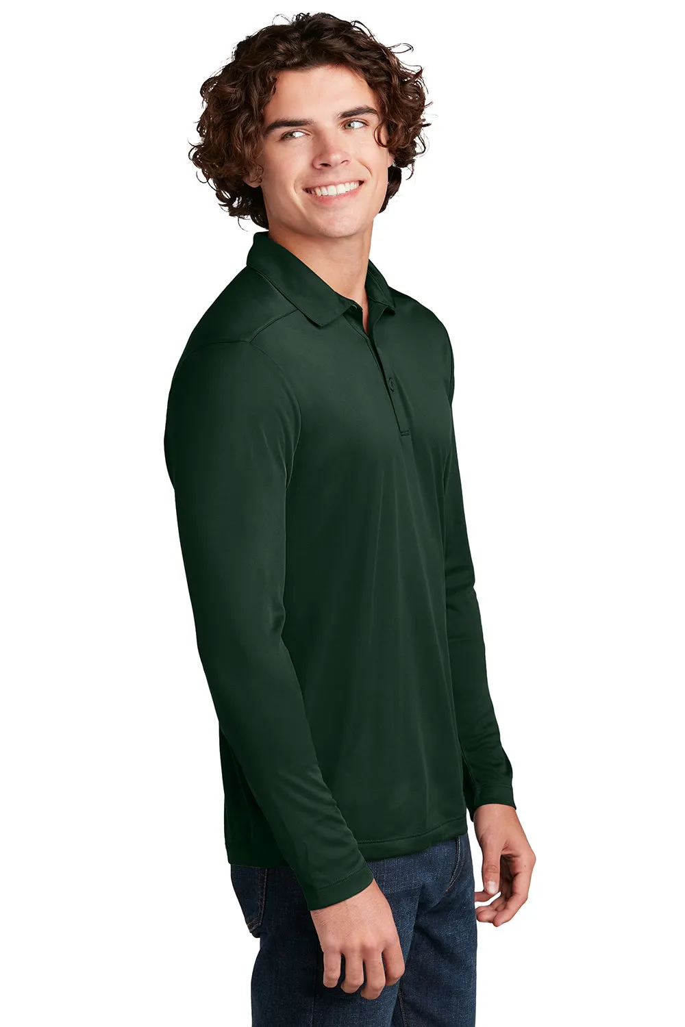 Sport-Tek Mens Moisture Wicking Long Sleeve Polo Shirt - Forest Green