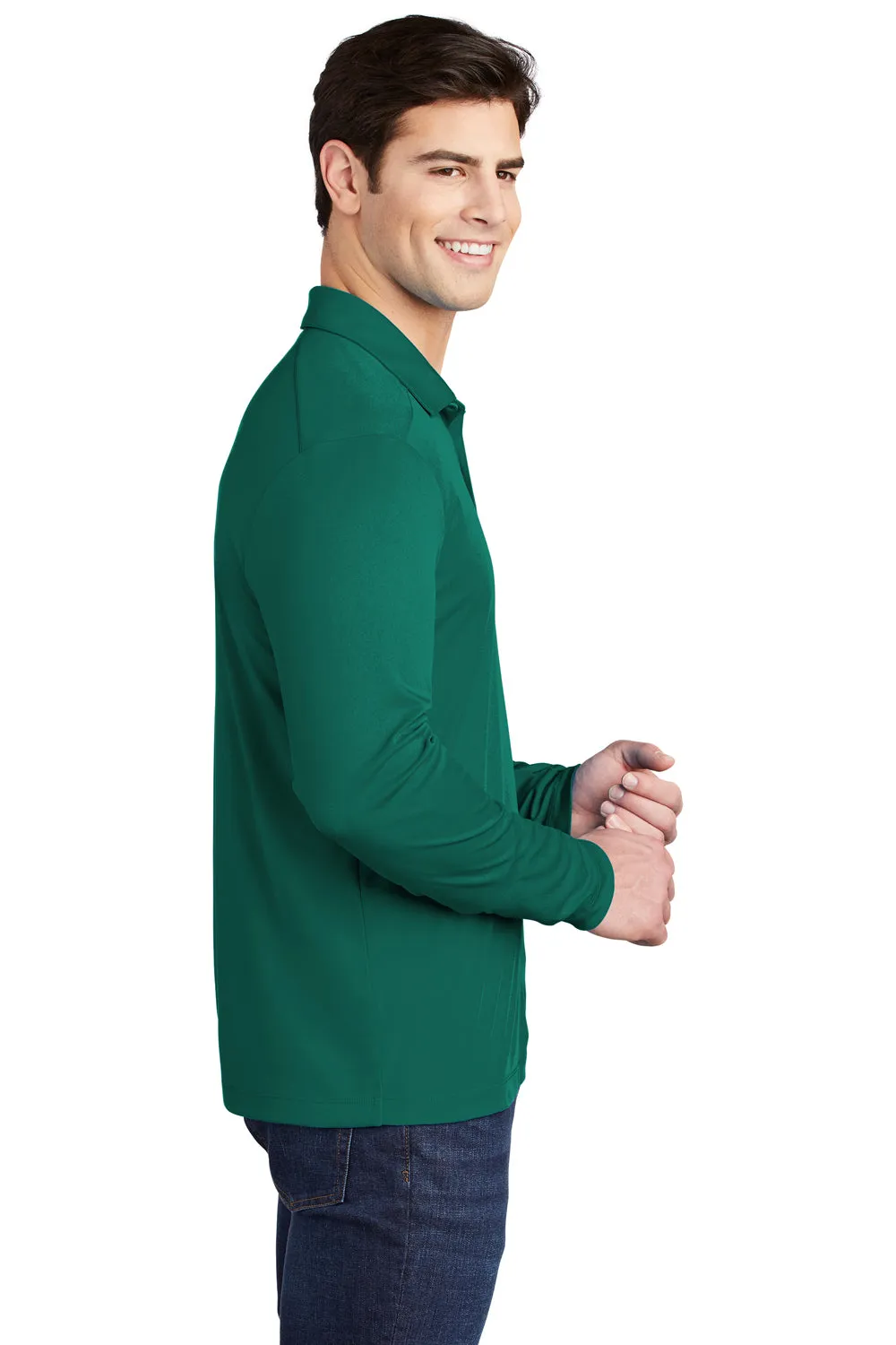 Sport-Tek Mens Moisture Wicking Long Sleeve Polo Shirt - Marine Green - Closeout