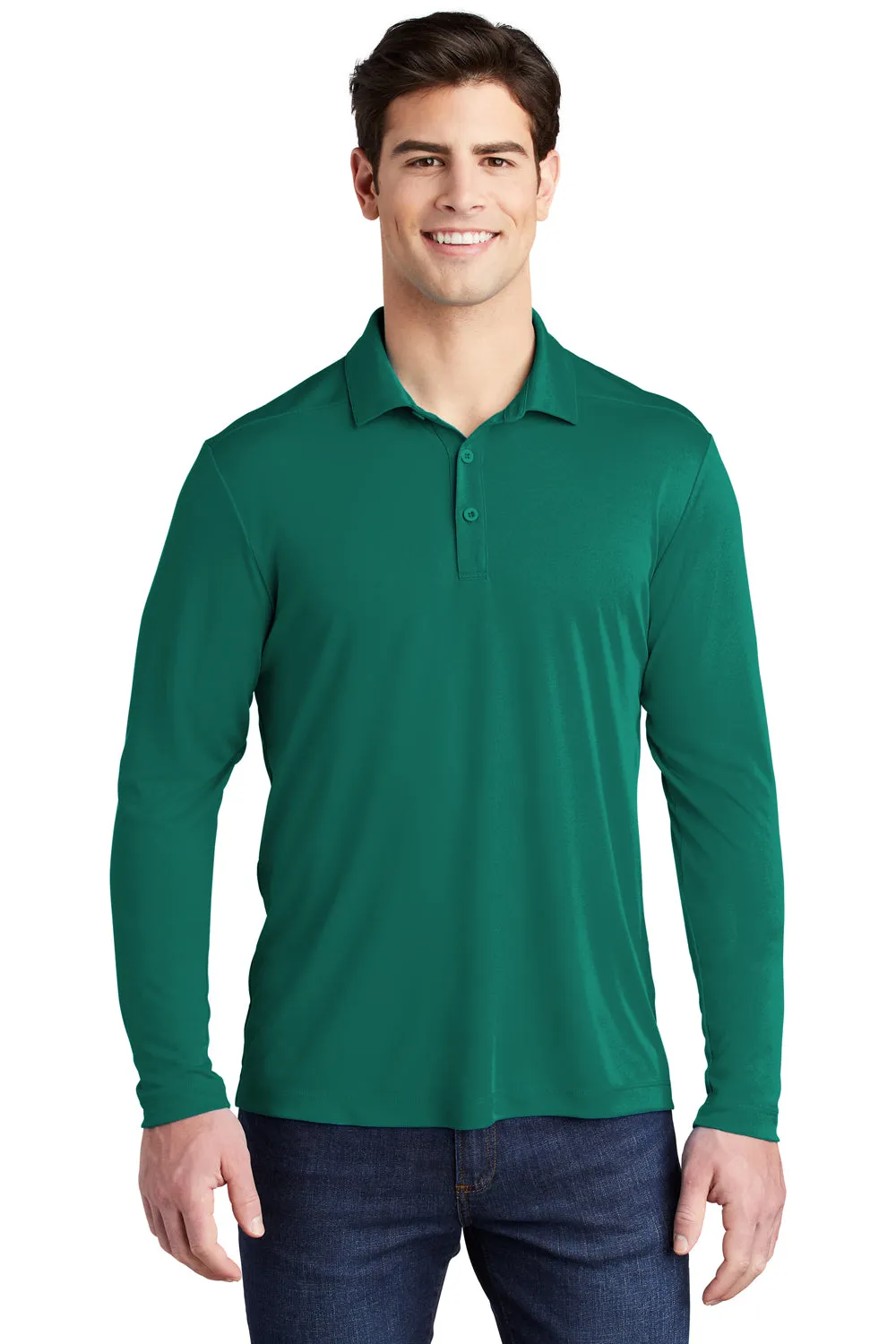 Sport-Tek Mens Moisture Wicking Long Sleeve Polo Shirt - Marine Green - Closeout