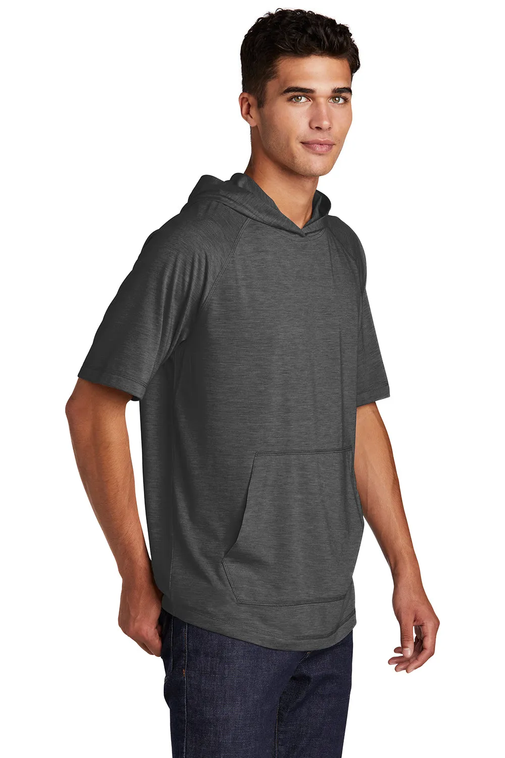 Sport-Tek Mens Moisture Wicking Short Sleeve Hooded T-Shirt Hoodie - Heather Dark Grey