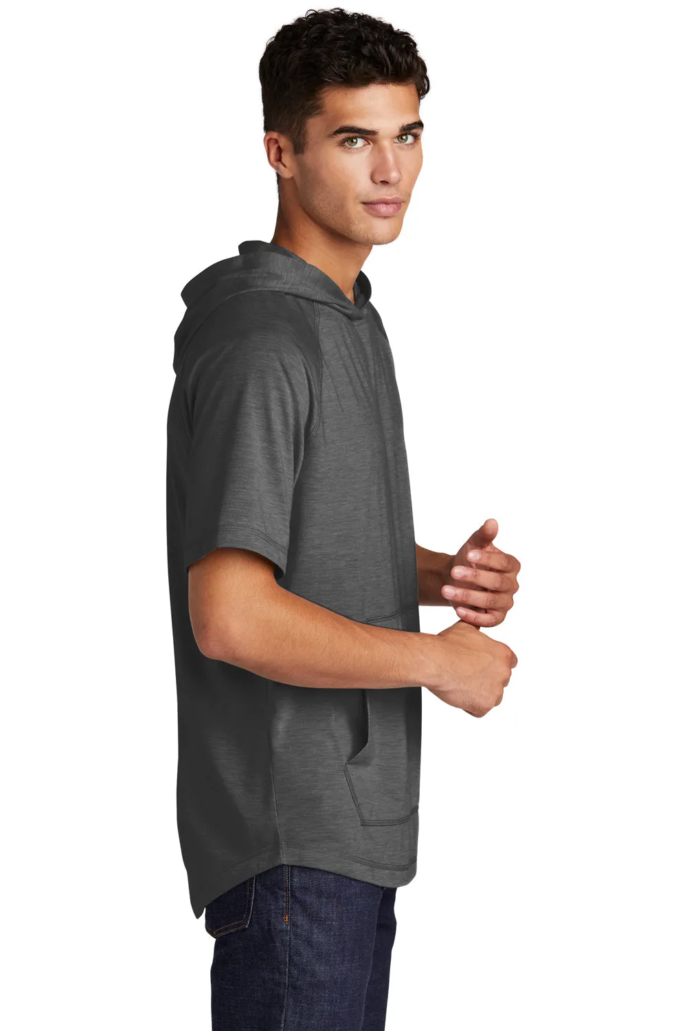 Sport-Tek Mens Moisture Wicking Short Sleeve Hooded T-Shirt Hoodie - Heather Dark Grey