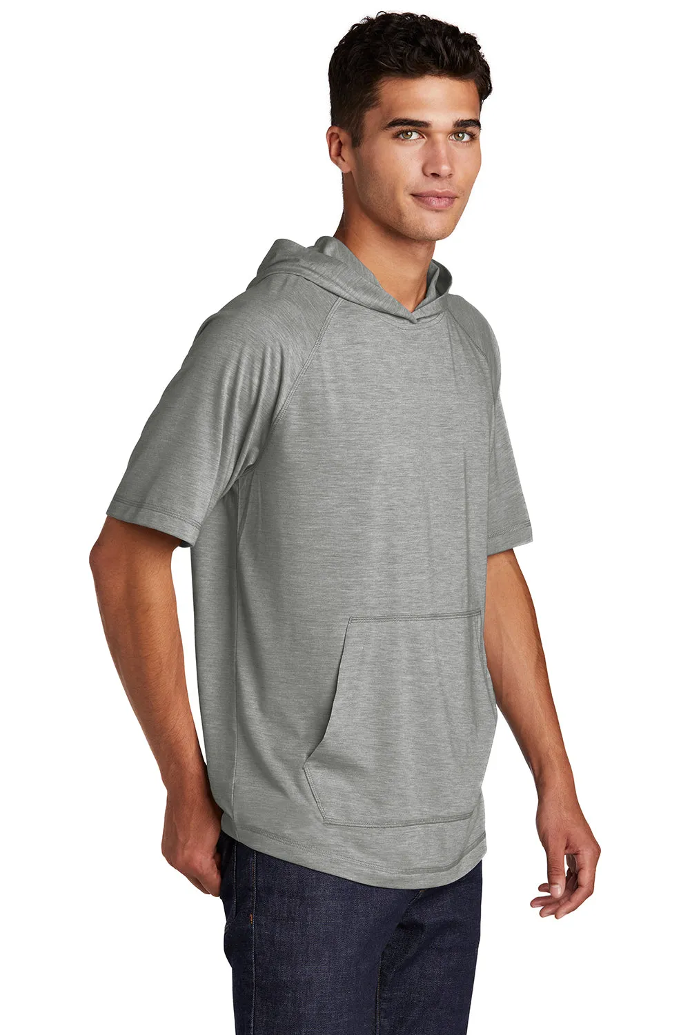 Sport-Tek Mens Moisture Wicking Short Sleeve Hooded T-Shirt Hoodie - Heather Light Grey
