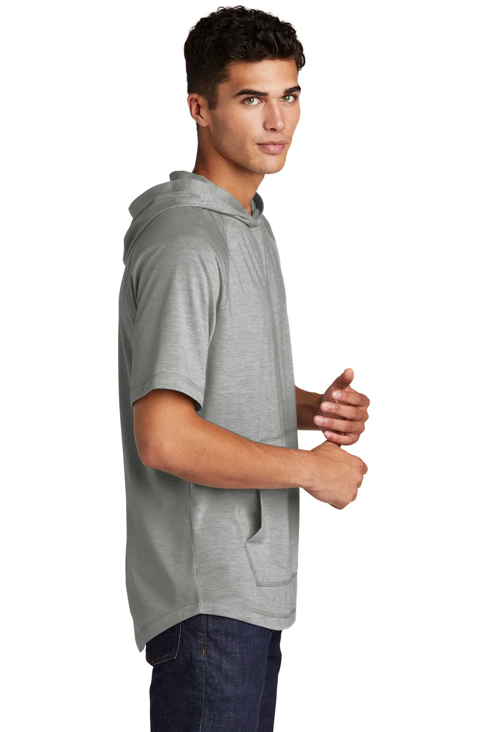 Sport-Tek Mens Moisture Wicking Short Sleeve Hooded T-Shirt Hoodie - Heather Light Grey