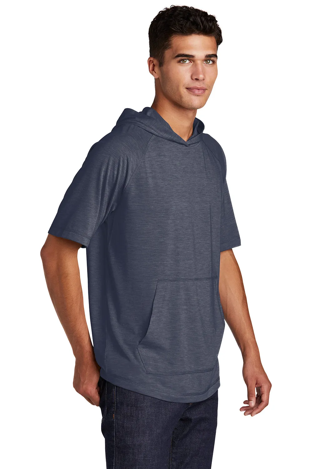 Sport-Tek Mens Moisture Wicking Short Sleeve Hooded T-Shirt Hoodie - Heather True Navy Blue