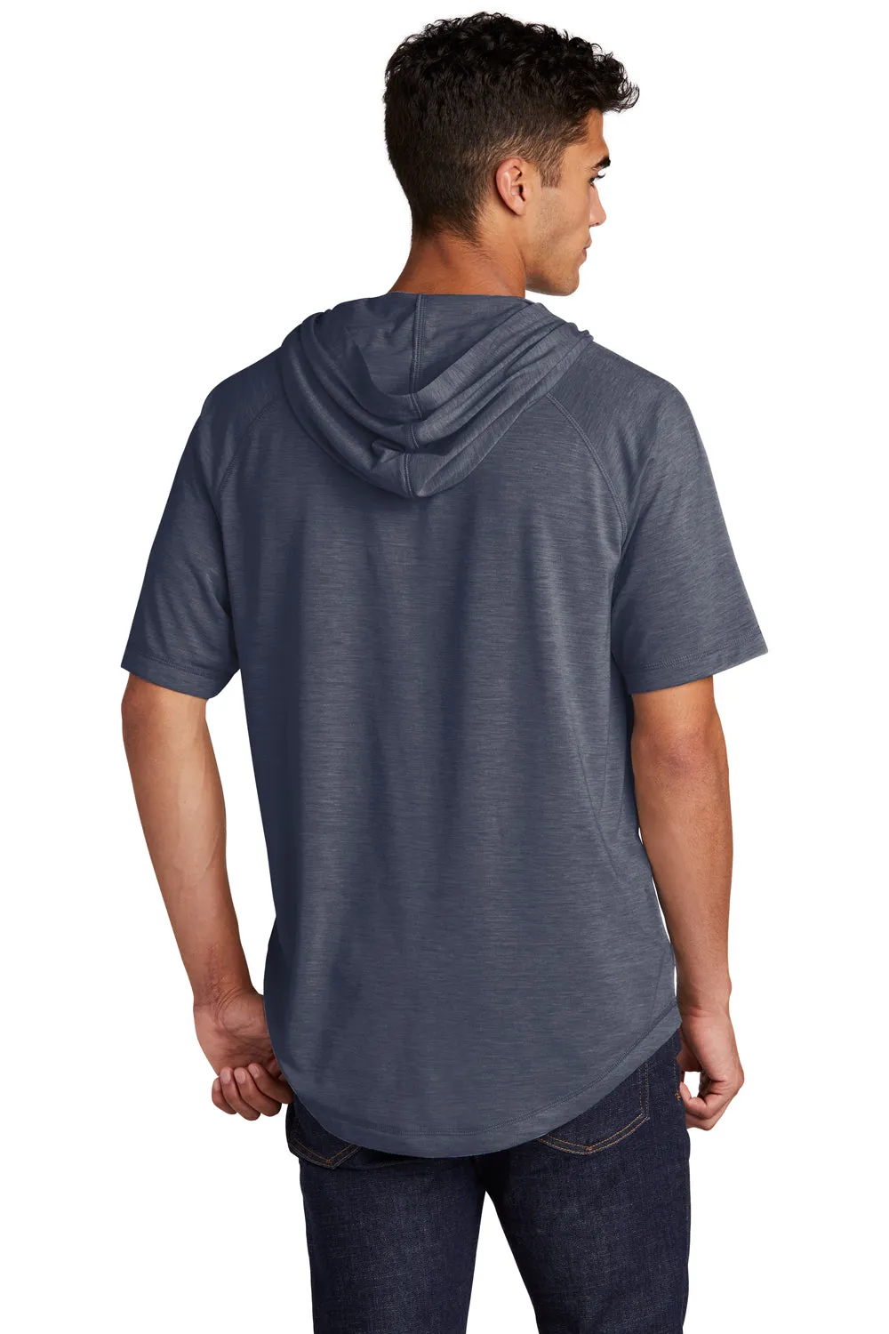 Sport-Tek Mens Moisture Wicking Short Sleeve Hooded T-Shirt Hoodie - Heather True Navy Blue
