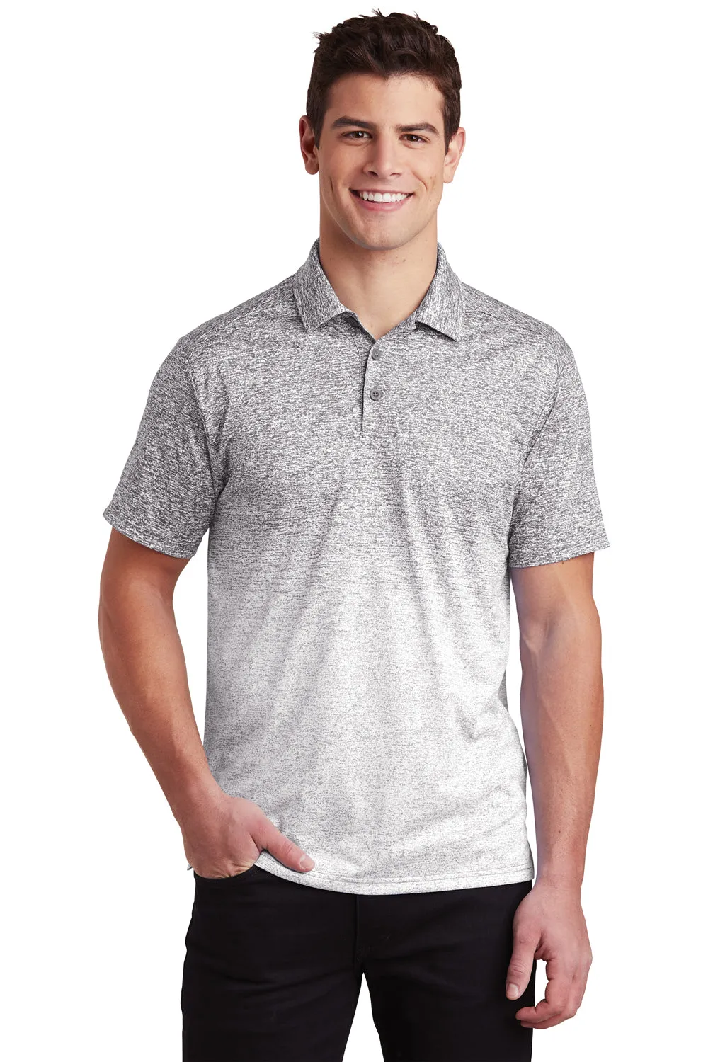 Sport-Tek Mens Ombre Heather Moisture Wicking Short Sleeve Polo Shirt - White/Graphite Grey