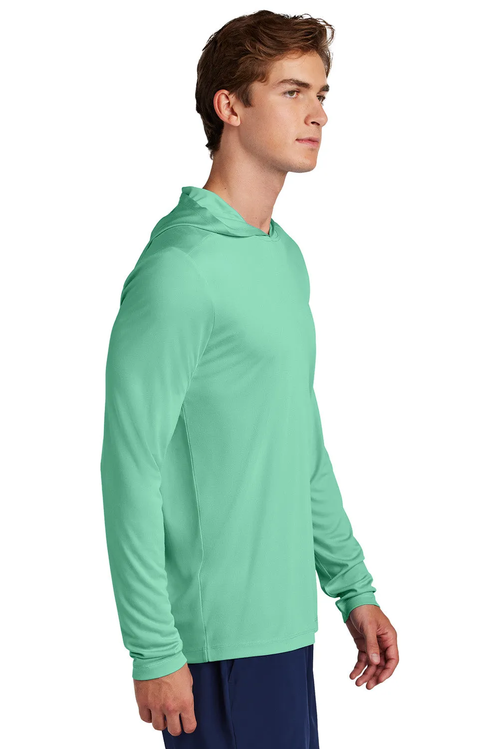 Sport-Tek Mens Posi-UV Pro Moisture Wicking Long Sleeve Hooded T-Shirt Hoodie - Bright Seafoam Green