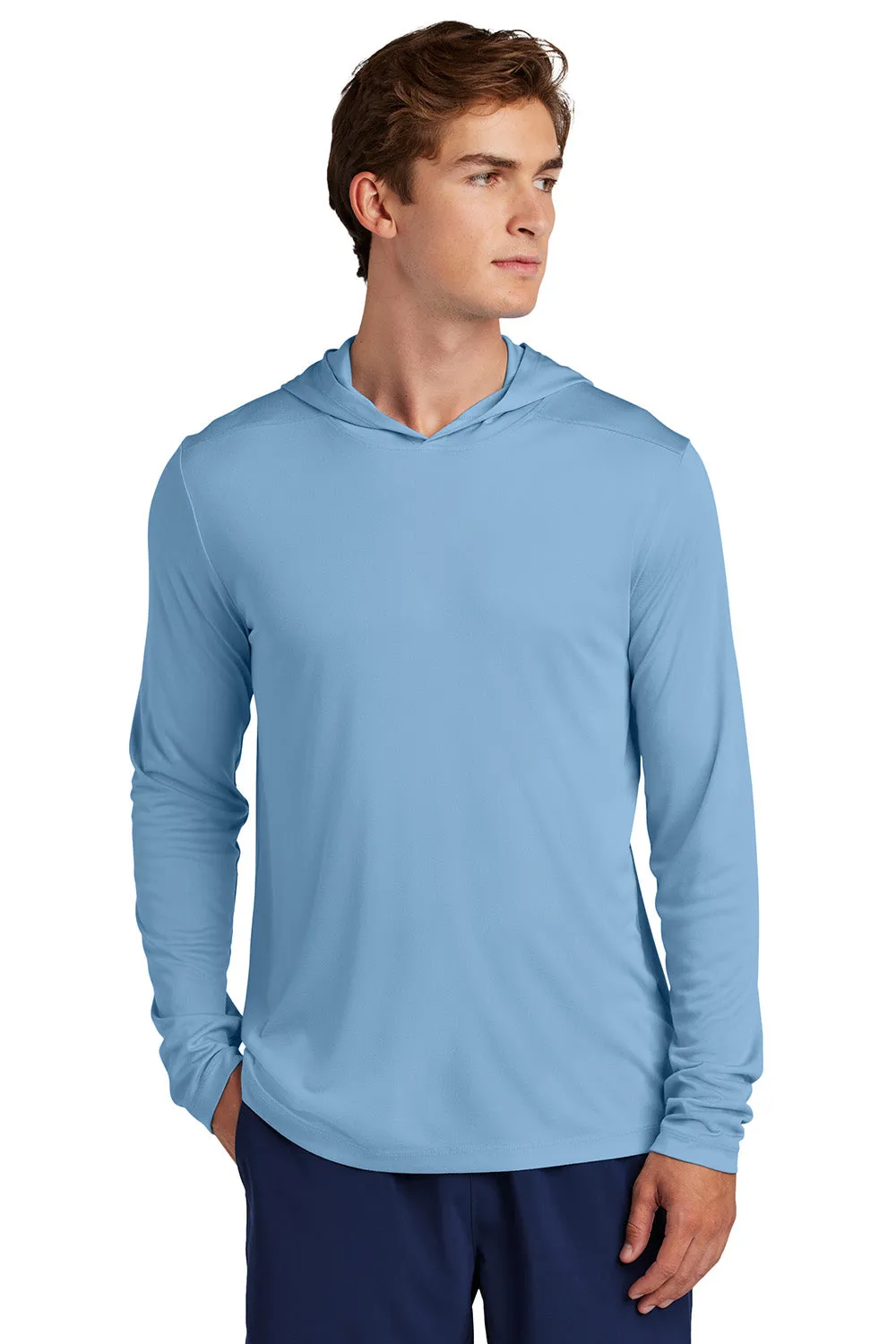 Sport-Tek Mens Posi-UV Pro Moisture Wicking Long Sleeve Hooded T-Shirt Hoodie - Light Blue