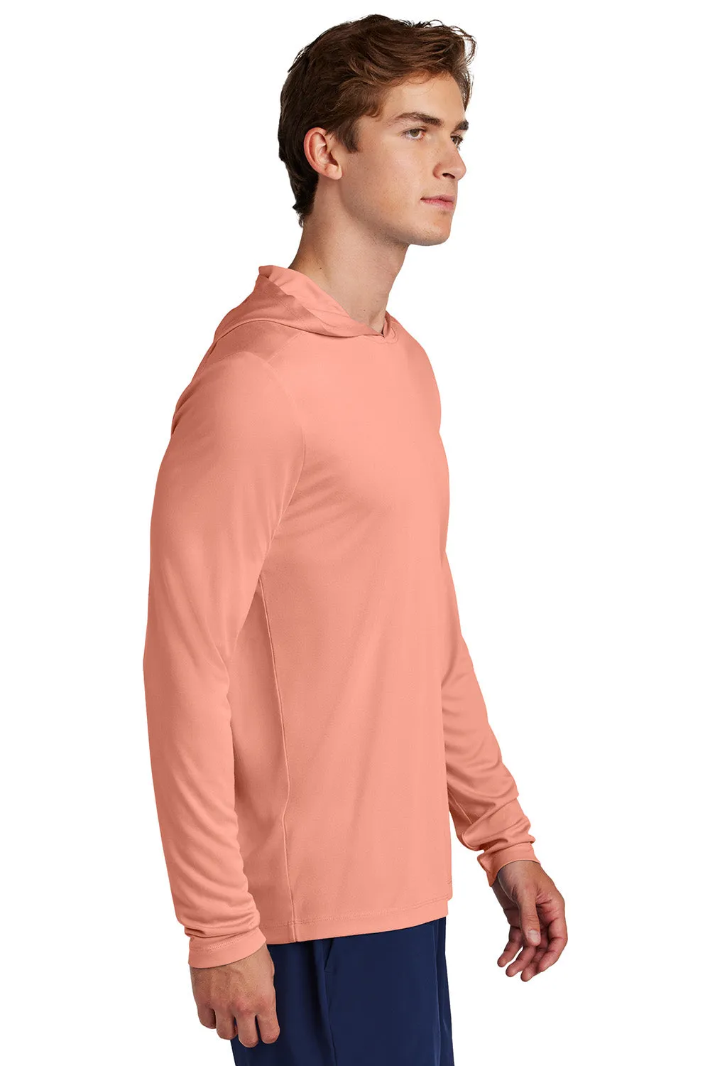 Sport-Tek Mens Posi-UV Pro Moisture Wicking Long Sleeve Hooded T-Shirt Hoodie - Soft Coral