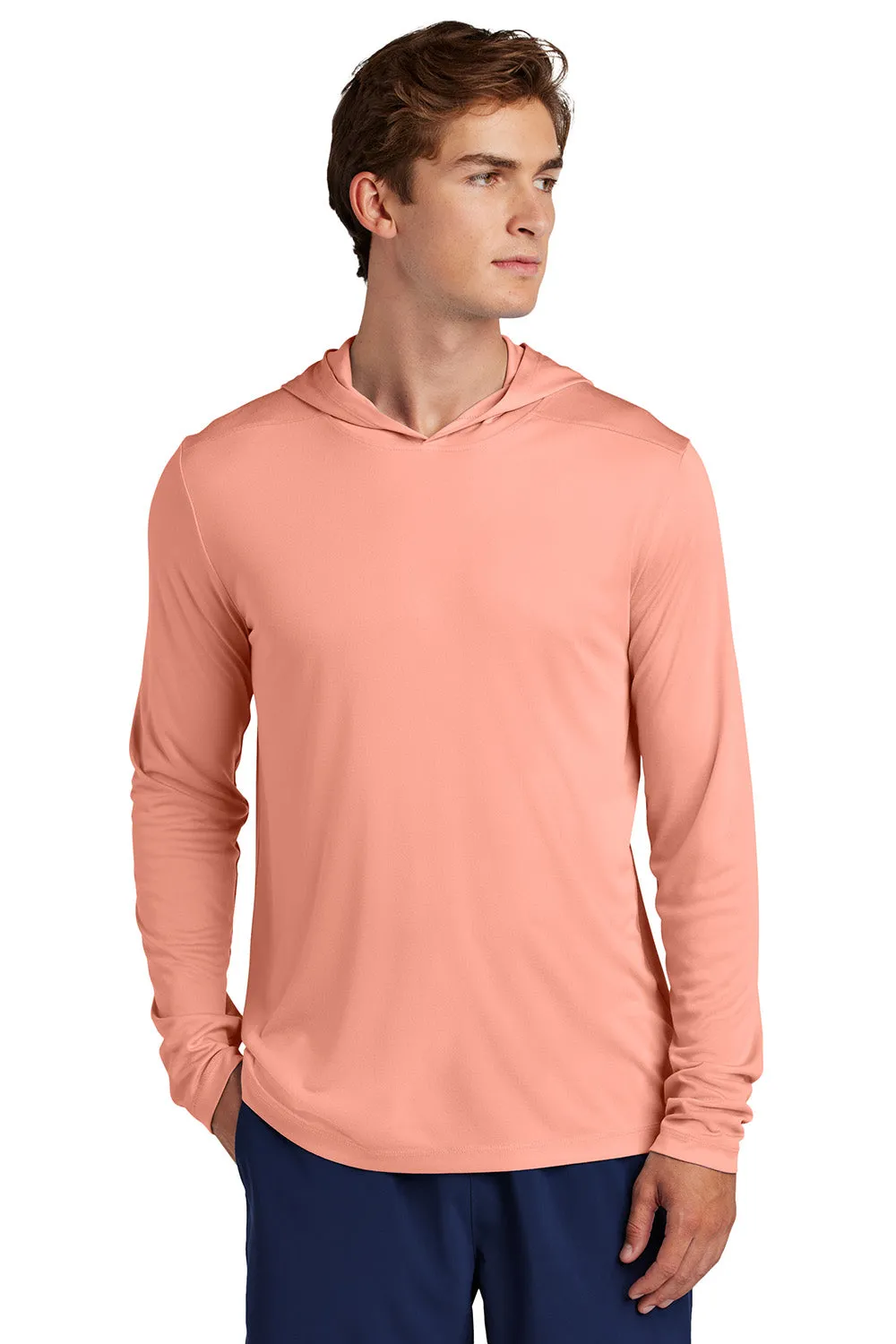 Sport-Tek Mens Posi-UV Pro Moisture Wicking Long Sleeve Hooded T-Shirt Hoodie - Soft Coral