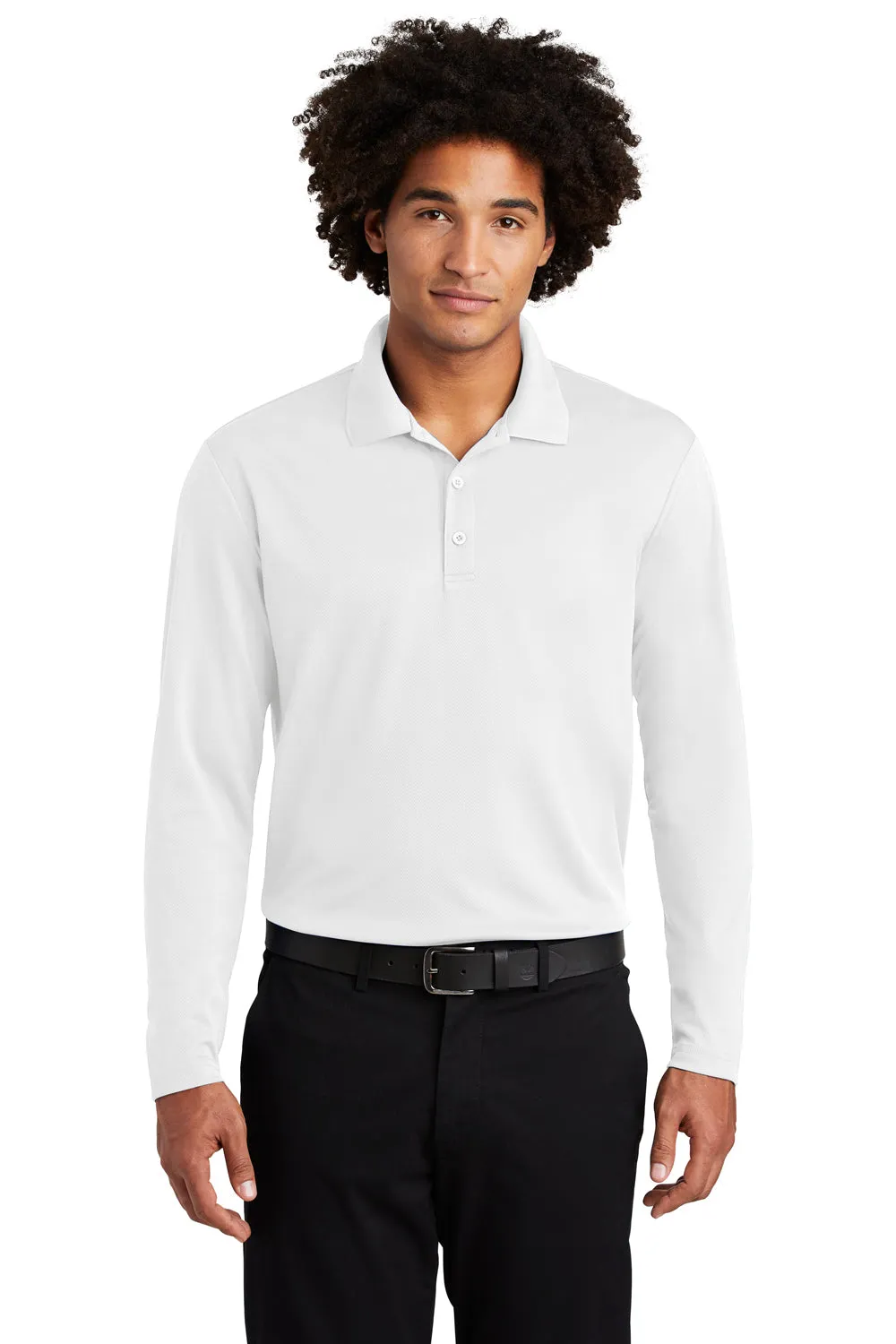 Sport-Tek Mens RacerMesh Moisture Wicking Long Sleeve Polo Shirt - White