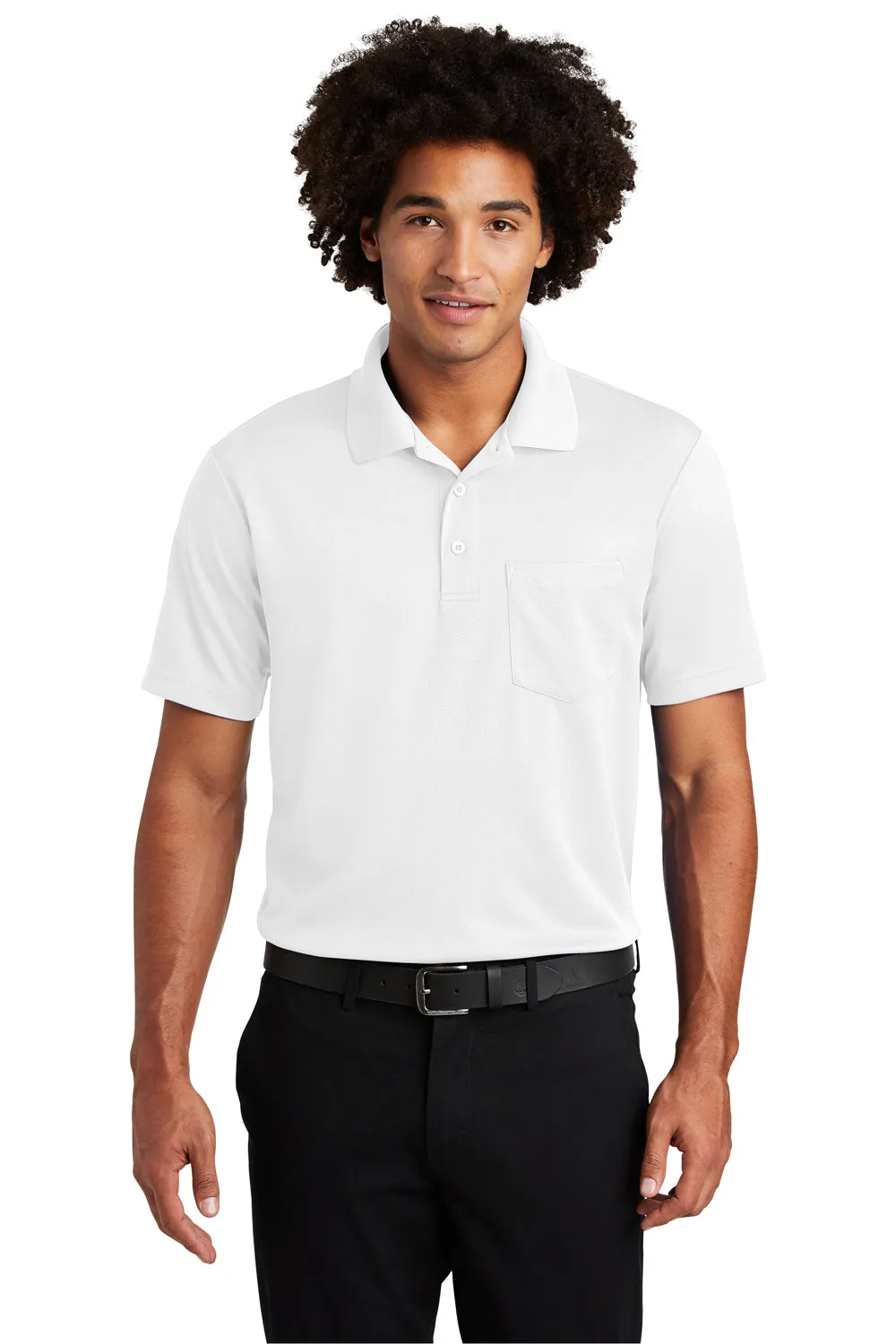 Sport-Tek Mens RacerMesh Moisture Wicking Short Sleeve Polo Shirt w/ Pocket - White