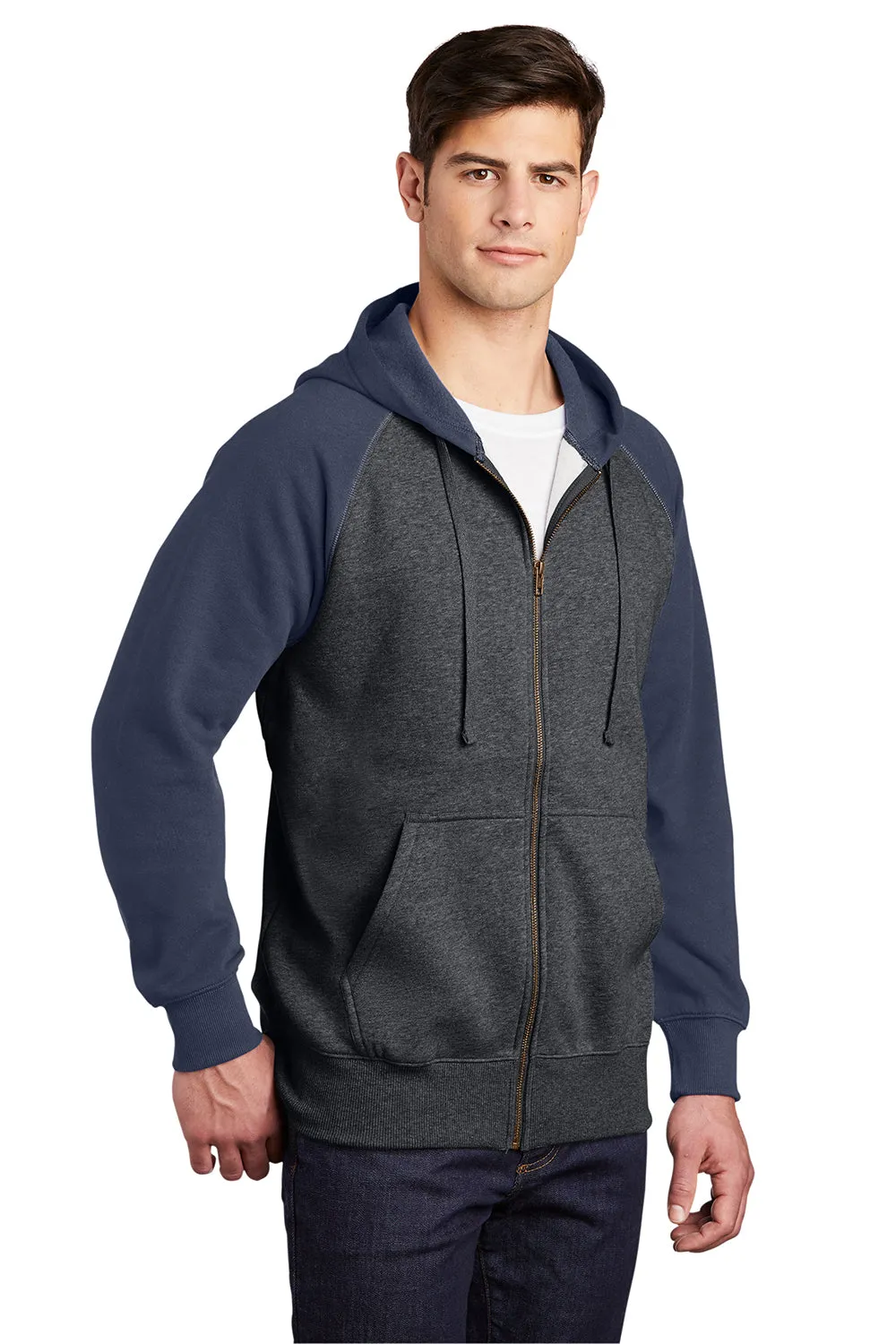 Sport-Tek Mens Shrink Resistant Fleece Full Zip Hooded Sweatshirt Hoodie w/ Pockets - Heather Graphite Grey/True Navy Blue - Closeout
