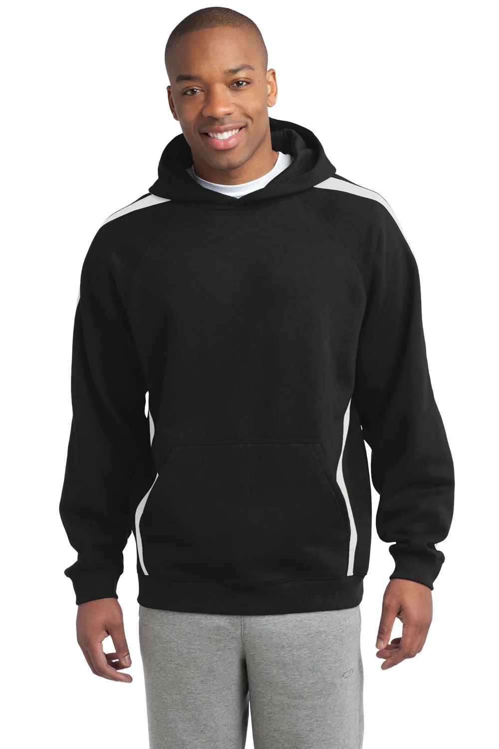 Sport-Tek Mens Shrink Resistant Fleece Hooded Sweatshirt Hoodie w/ Pouch Pocket - Black/White - Closeout