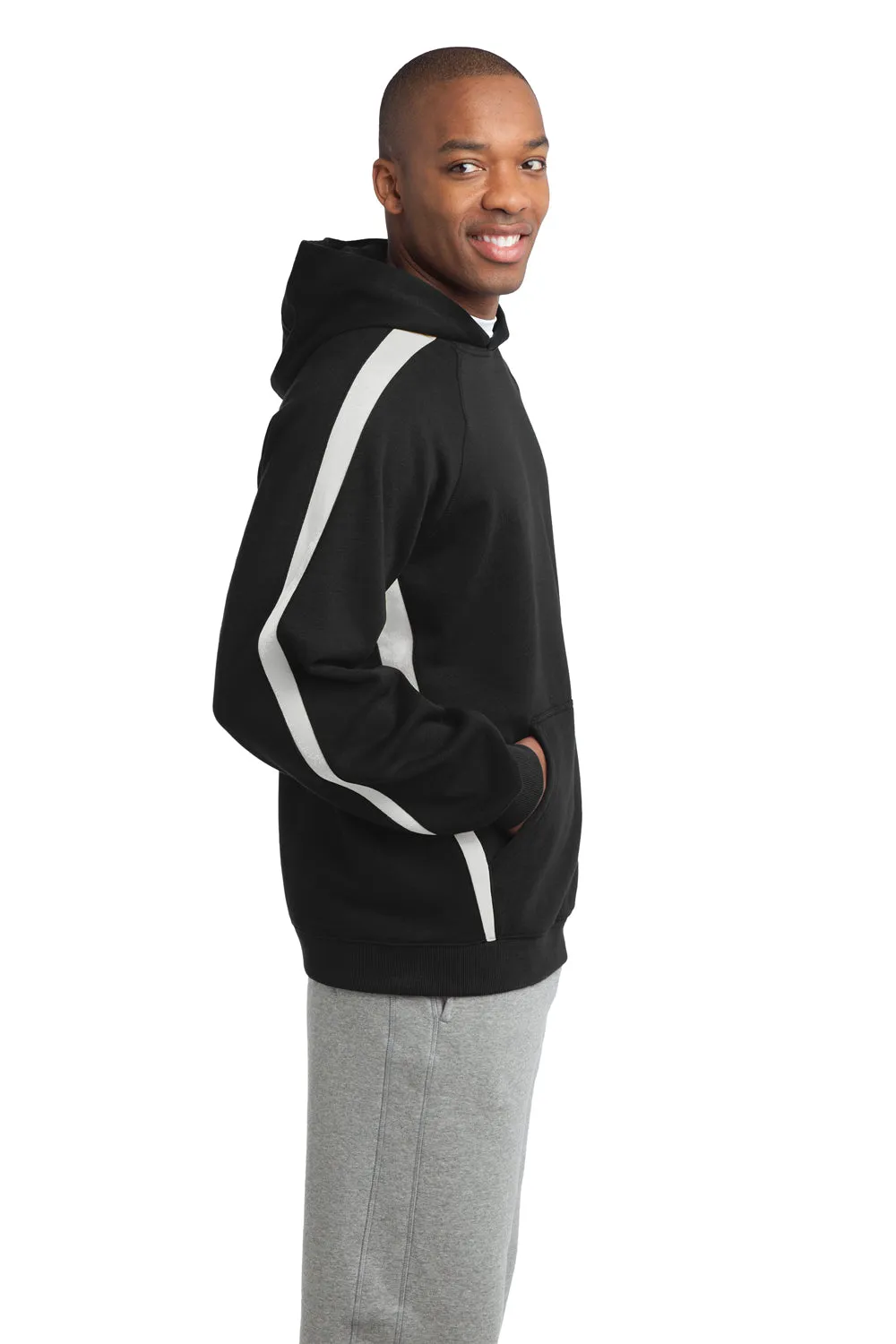 Sport-Tek Mens Shrink Resistant Fleece Hooded Sweatshirt Hoodie w/ Pouch Pocket - Black/White - Closeout