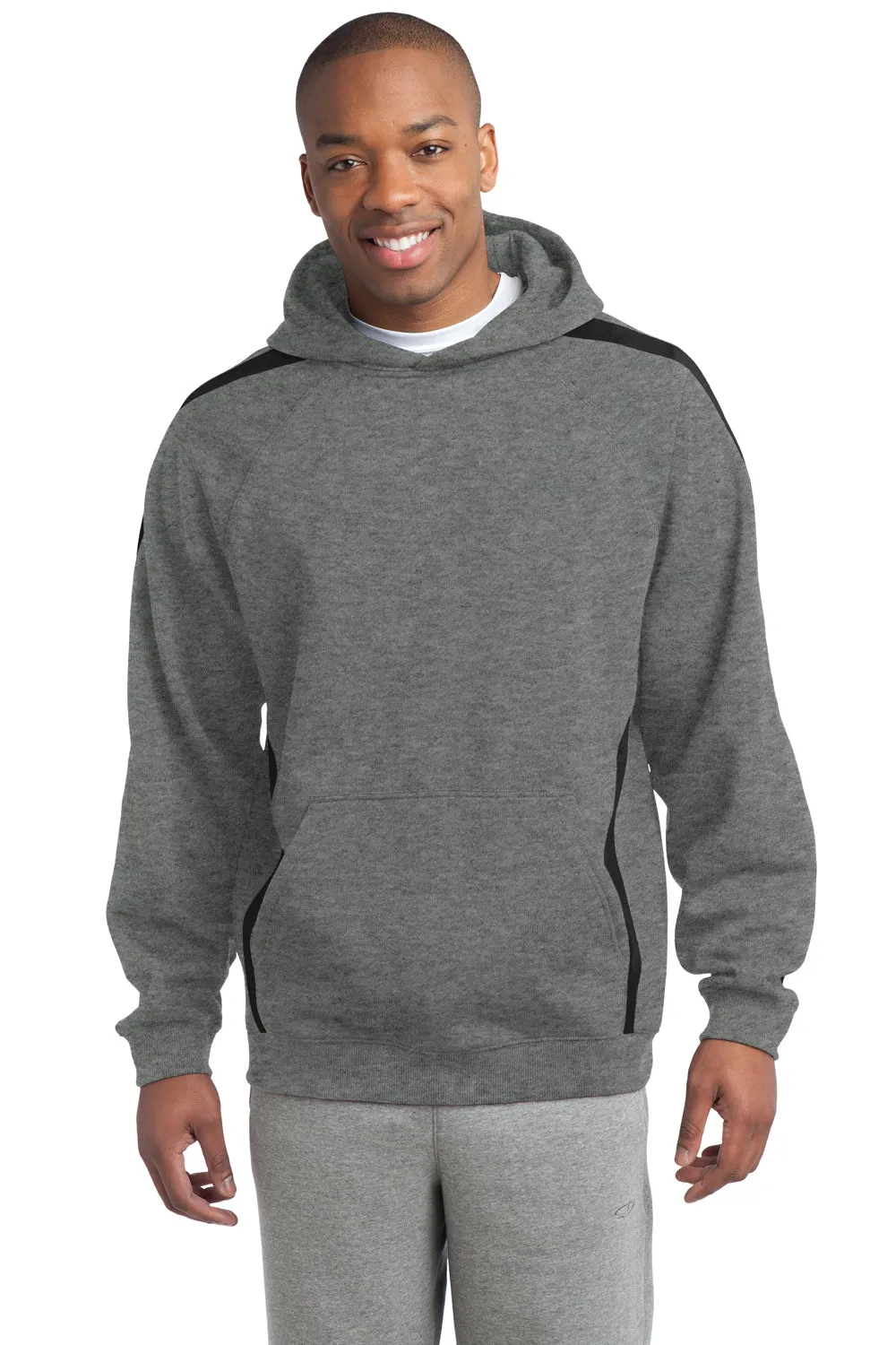 Sport-Tek Mens Shrink Resistant Fleece Hooded Sweatshirt Hoodie w/ Pouch Pocket - Heather Vintage Grey/Black - Closeout