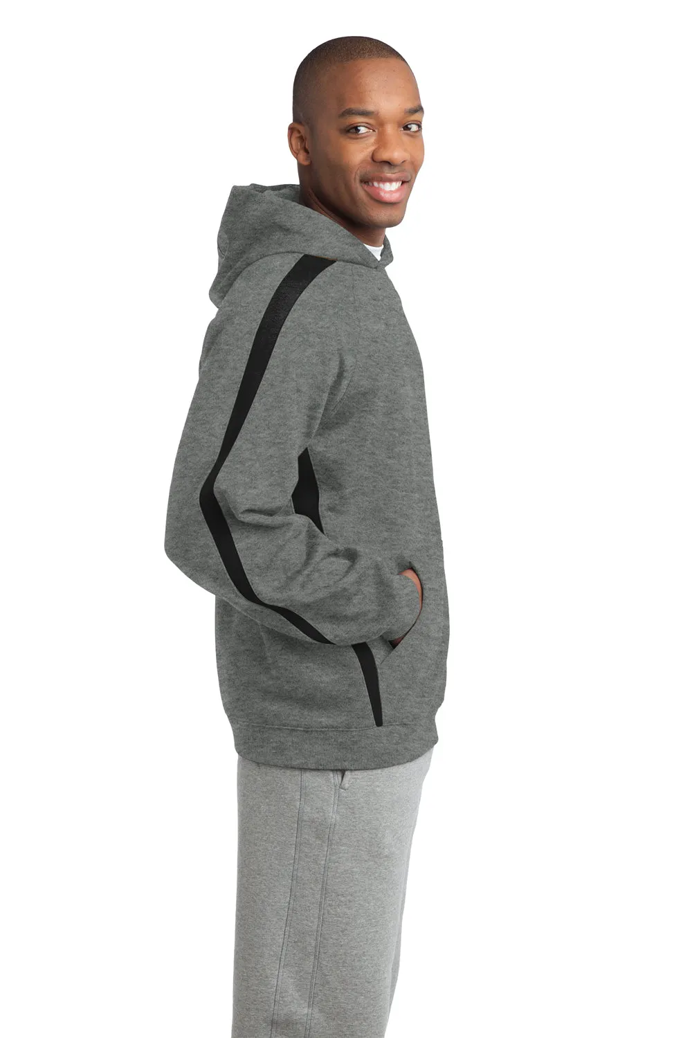 Sport-Tek Mens Shrink Resistant Fleece Hooded Sweatshirt Hoodie w/ Pouch Pocket - Heather Vintage Grey/Black - Closeout