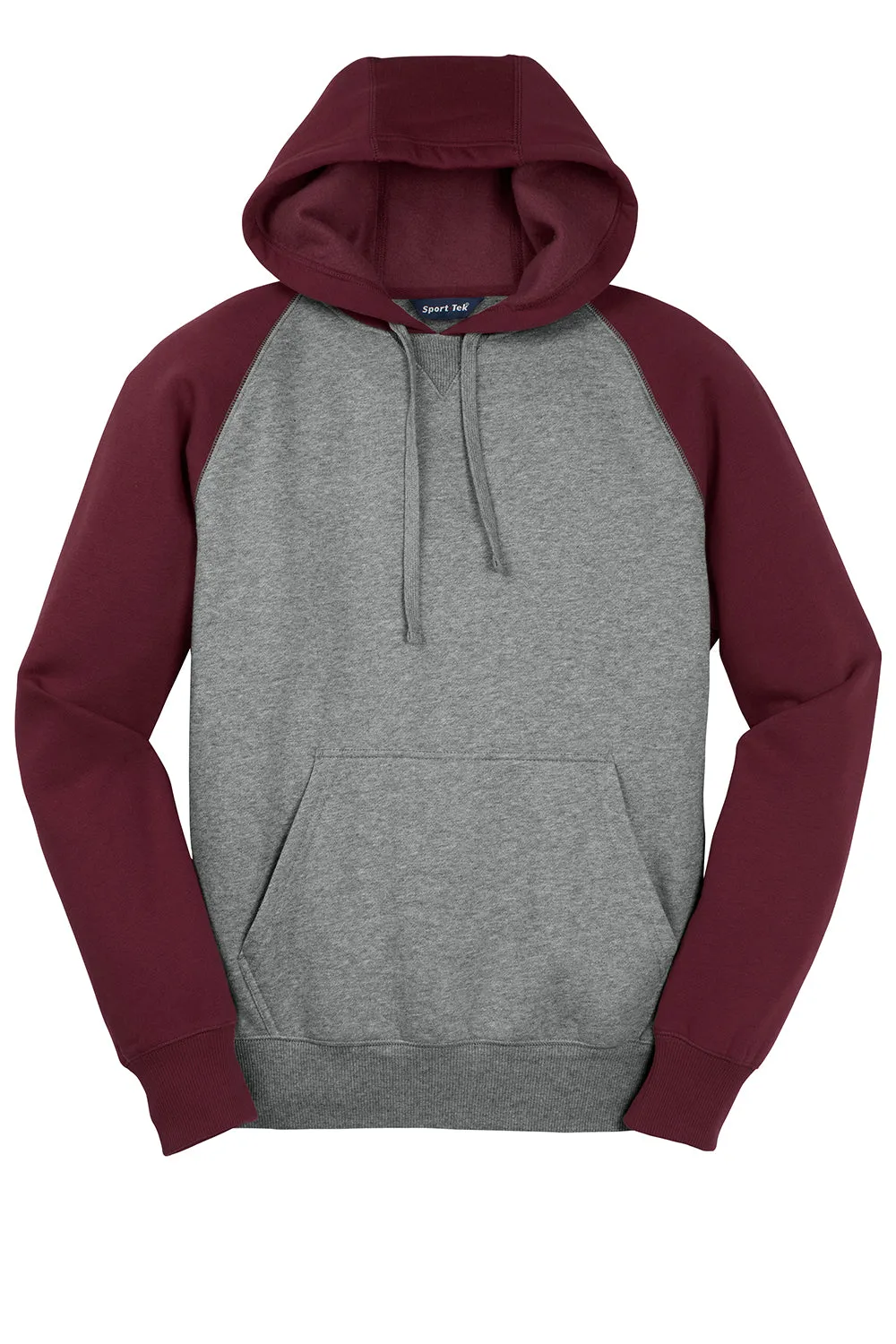 Sport-Tek Mens Shrink Resistant Fleece Hooded Sweatshirt Hoodie w/ Pouch Pocket - Heather Vintage Grey/Maroon