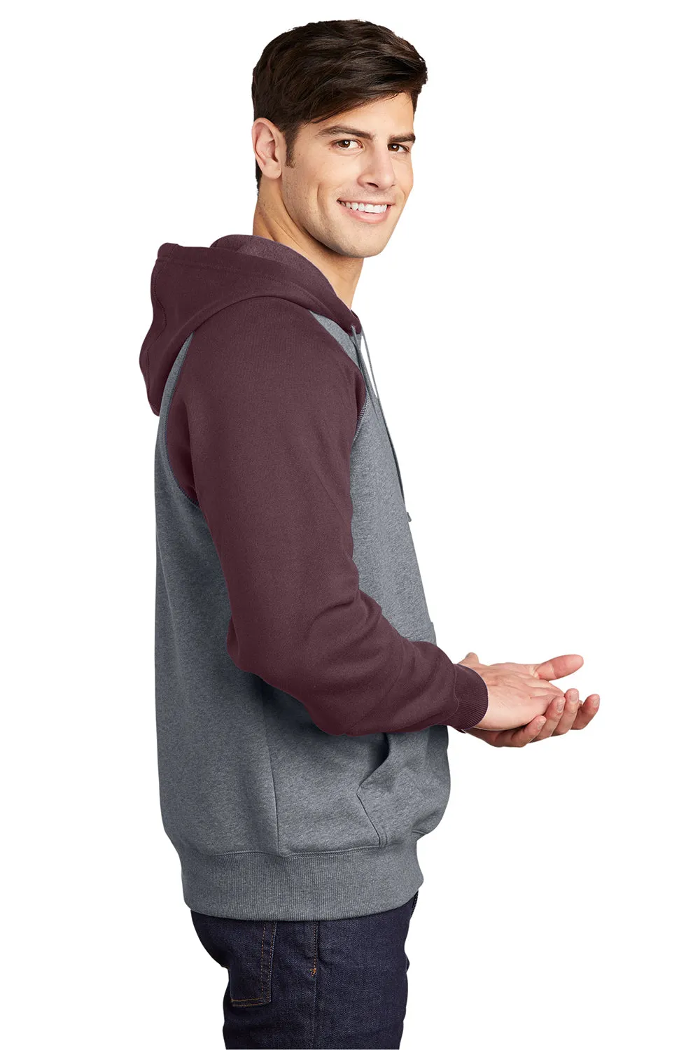 Sport-Tek Mens Shrink Resistant Fleece Hooded Sweatshirt Hoodie w/ Pouch Pocket - Heather Vintage Grey/Maroon