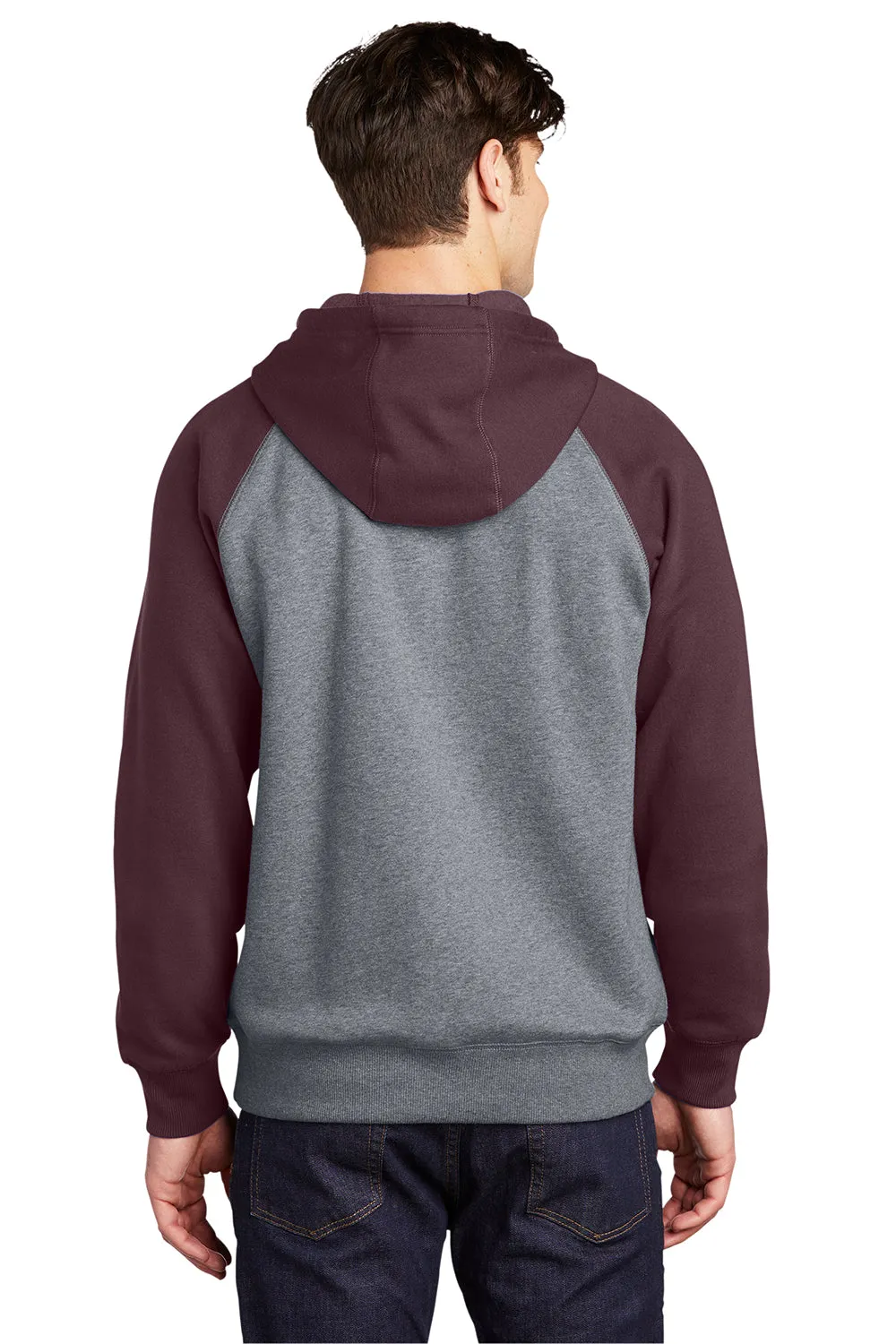 Sport-Tek Mens Shrink Resistant Fleece Hooded Sweatshirt Hoodie w/ Pouch Pocket - Heather Vintage Grey/Maroon