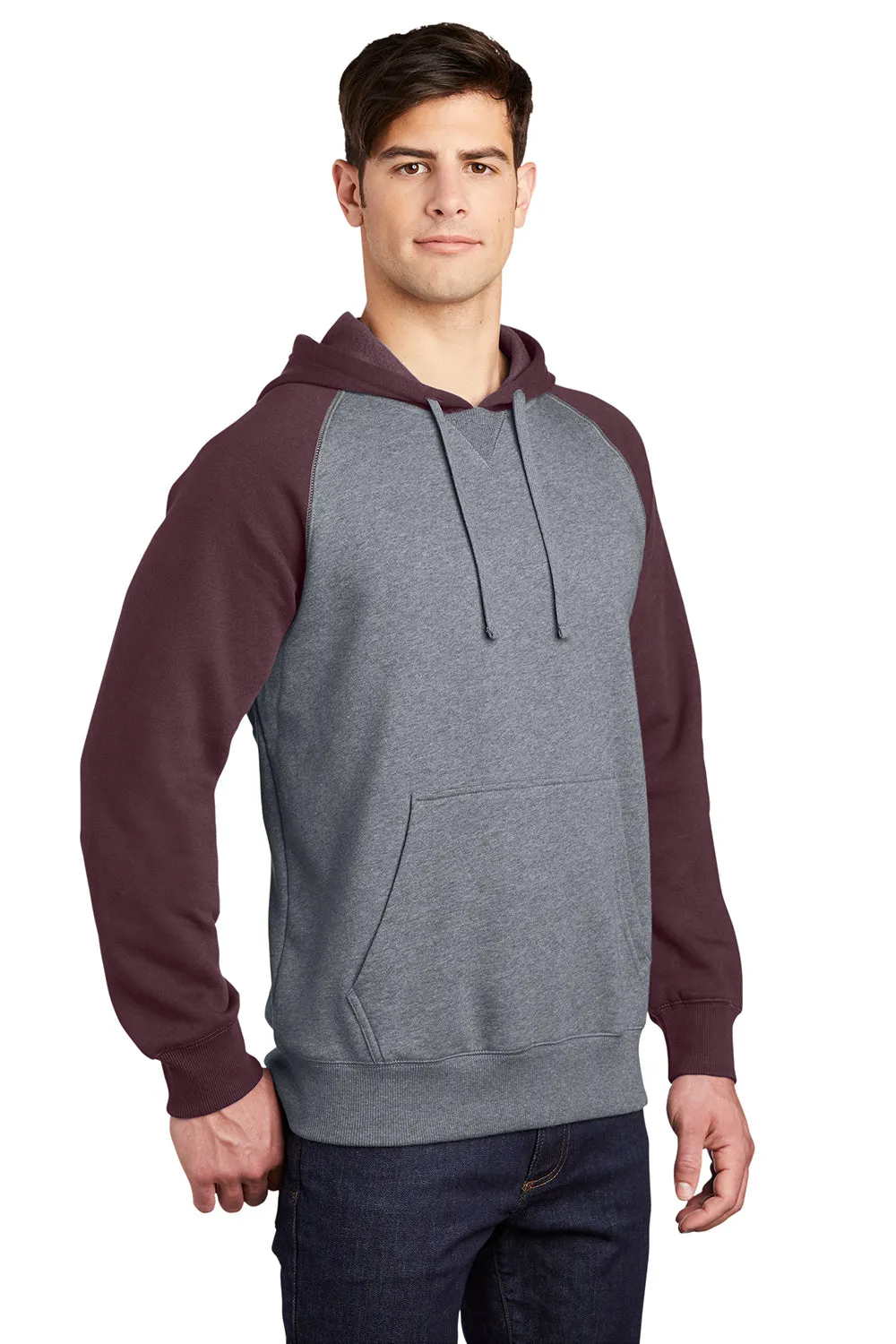 Sport-Tek Mens Shrink Resistant Fleece Hooded Sweatshirt Hoodie w/ Pouch Pocket - Heather Vintage Grey/Maroon