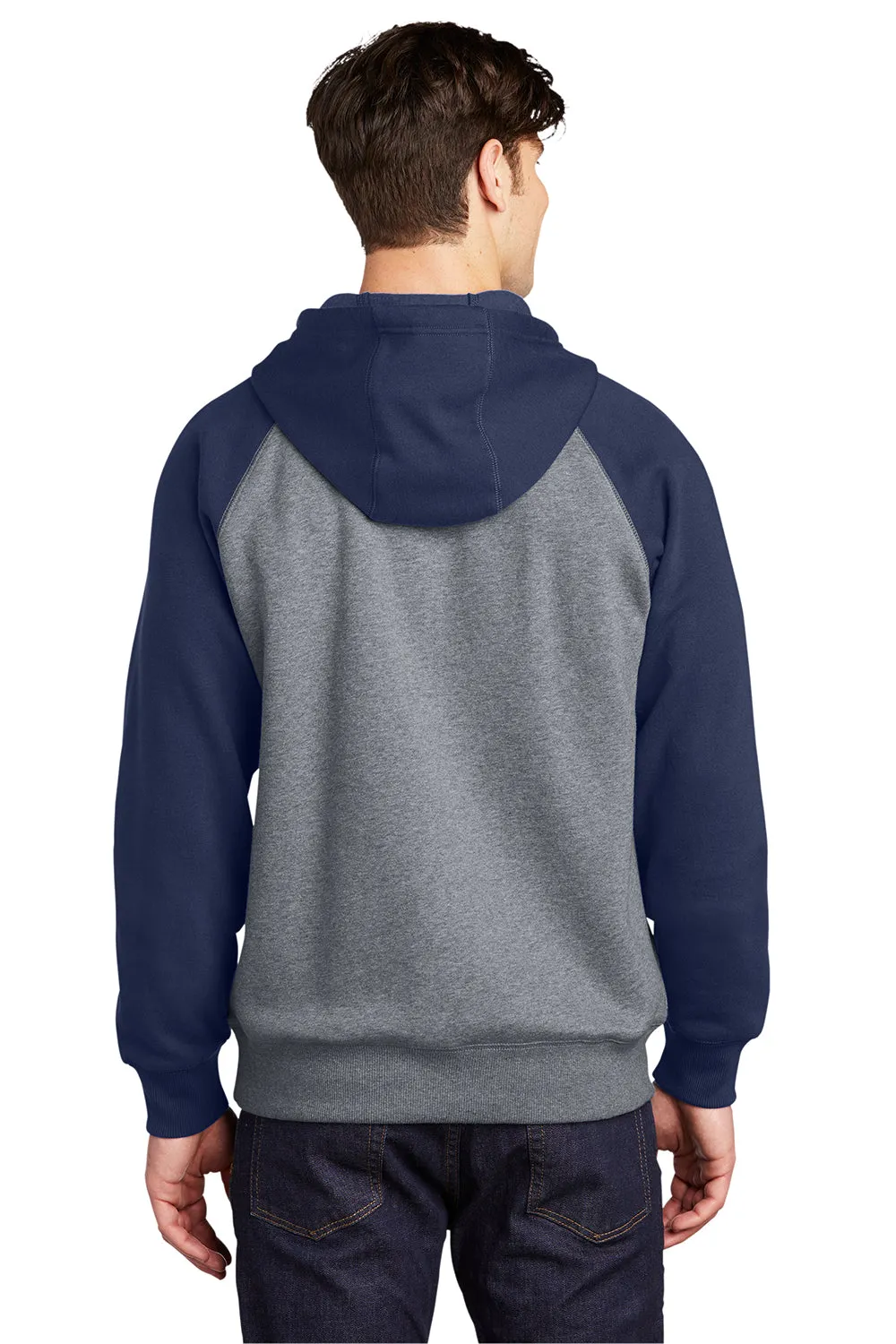 Sport-Tek Mens Shrink Resistant Fleece Hooded Sweatshirt Hoodie w/ Pouch Pocket - Heather Vintage Grey/True Navy Blue