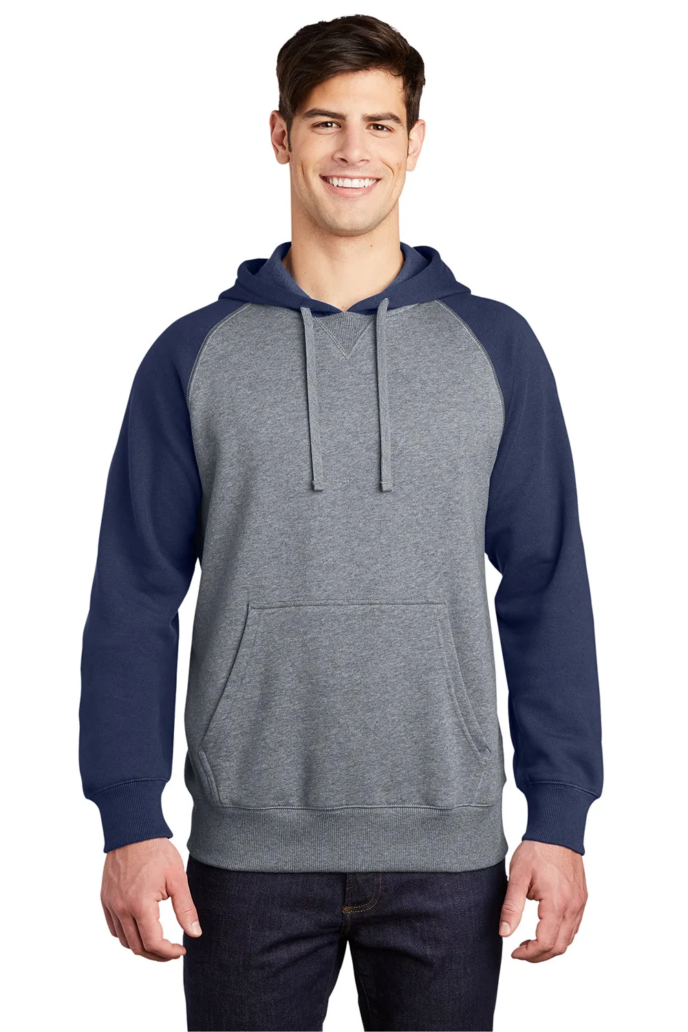 Sport-Tek Mens Shrink Resistant Fleece Hooded Sweatshirt Hoodie w/ Pouch Pocket - Heather Vintage Grey/True Navy Blue