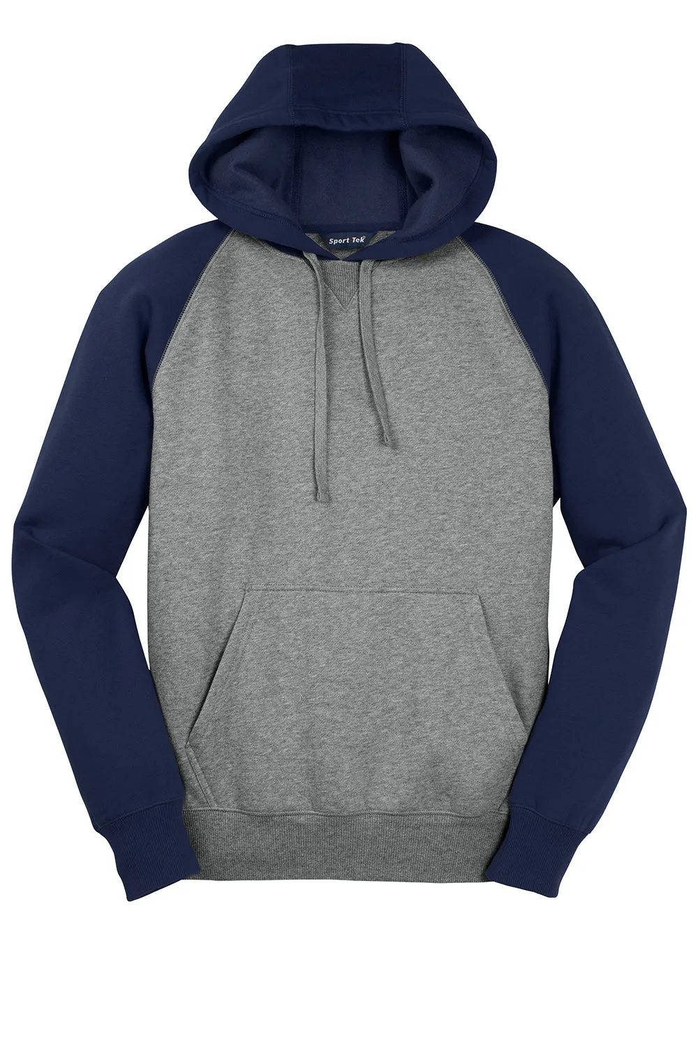 Sport-Tek Mens Shrink Resistant Fleece Hooded Sweatshirt Hoodie w/ Pouch Pocket - Heather Vintage Grey/True Navy Blue