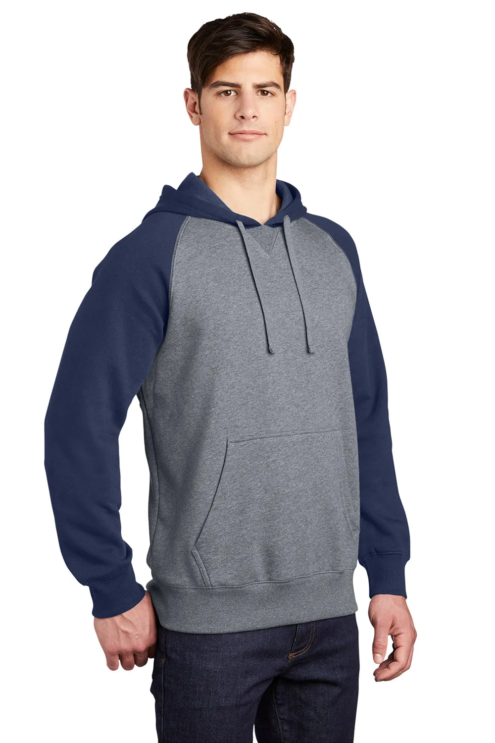 Sport-Tek Mens Shrink Resistant Fleece Hooded Sweatshirt Hoodie w/ Pouch Pocket - Heather Vintage Grey/True Navy Blue