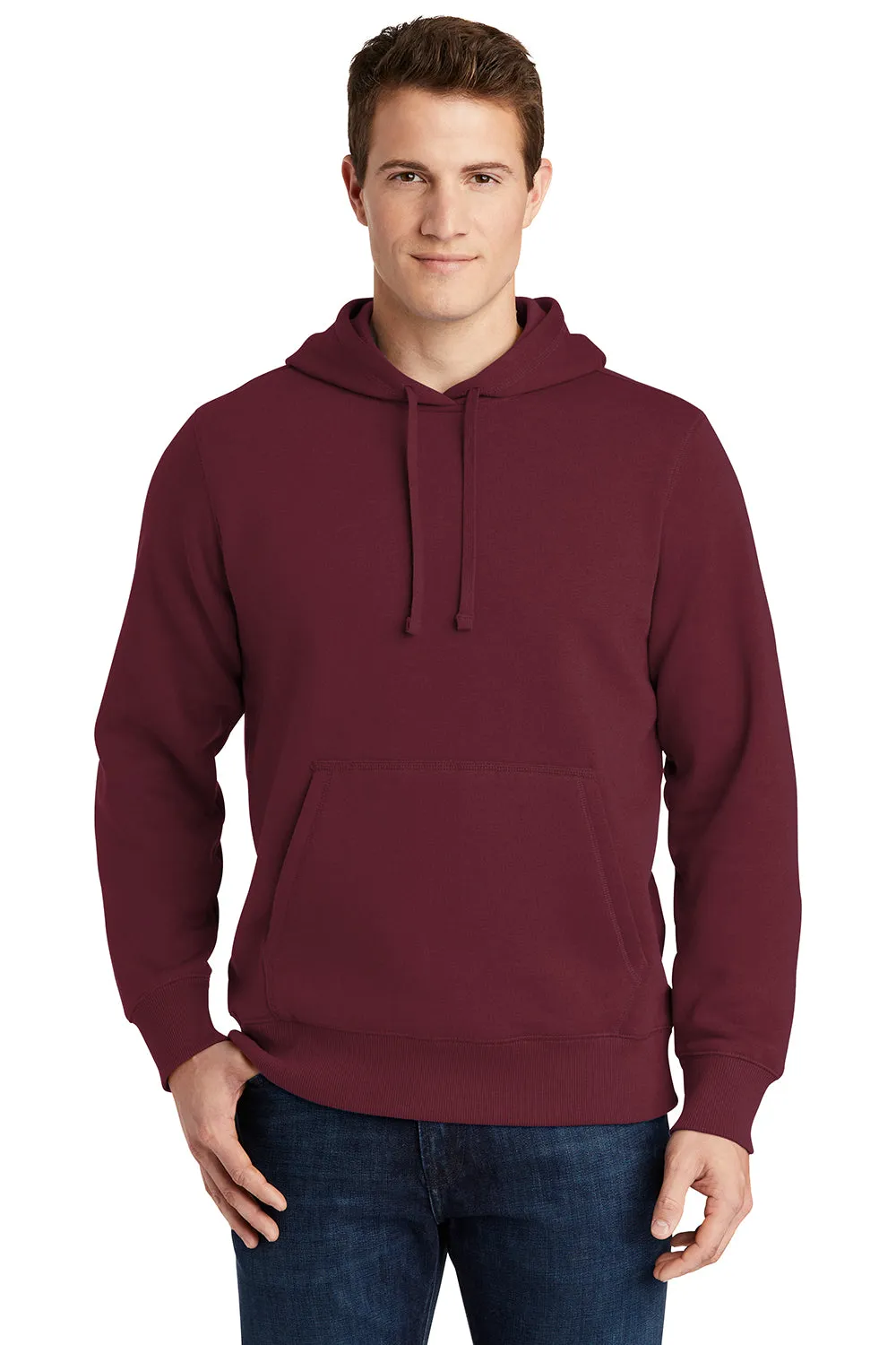 Sport-Tek Mens Shrink Resistant Fleece Hooded Sweatshirt Hoodie w/ Pouch Pocket - Maroon