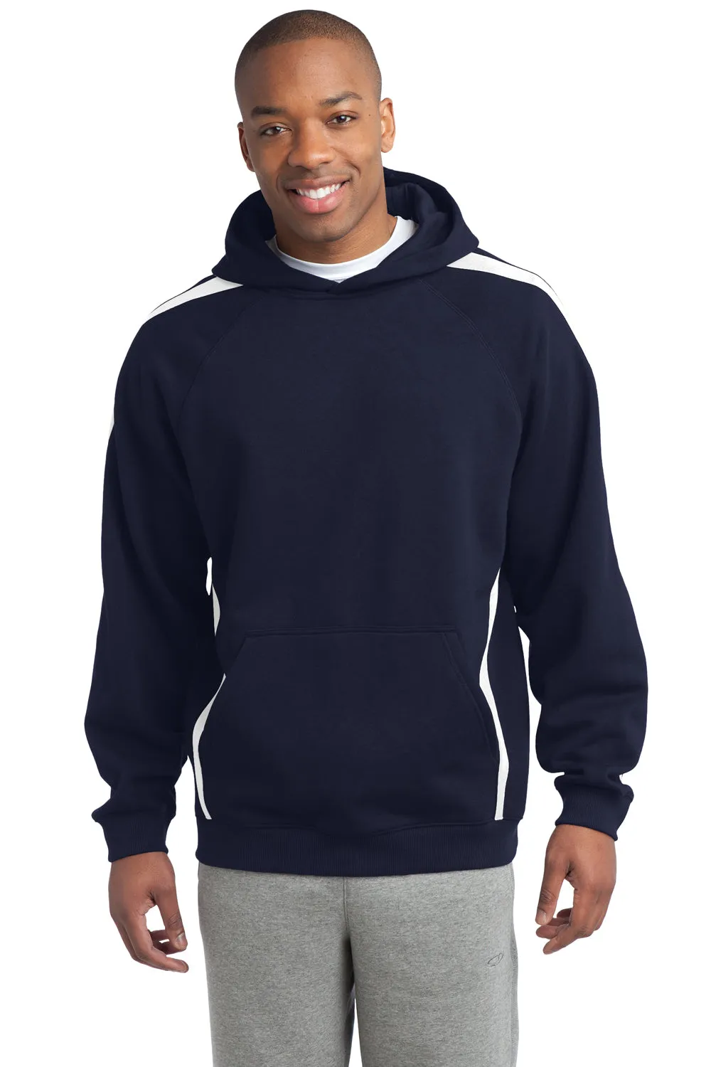 Sport-Tek Mens Shrink Resistant Fleece Hooded Sweatshirt Hoodie w/ Pouch Pocket - True Navy Blue/White - Closeout