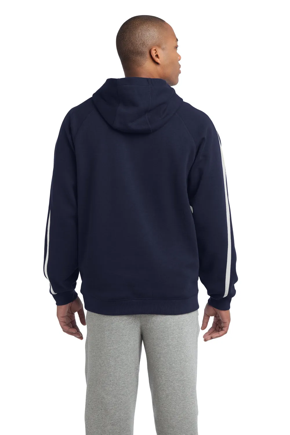 Sport-Tek Mens Shrink Resistant Fleece Hooded Sweatshirt Hoodie w/ Pouch Pocket - True Navy Blue/White - Closeout