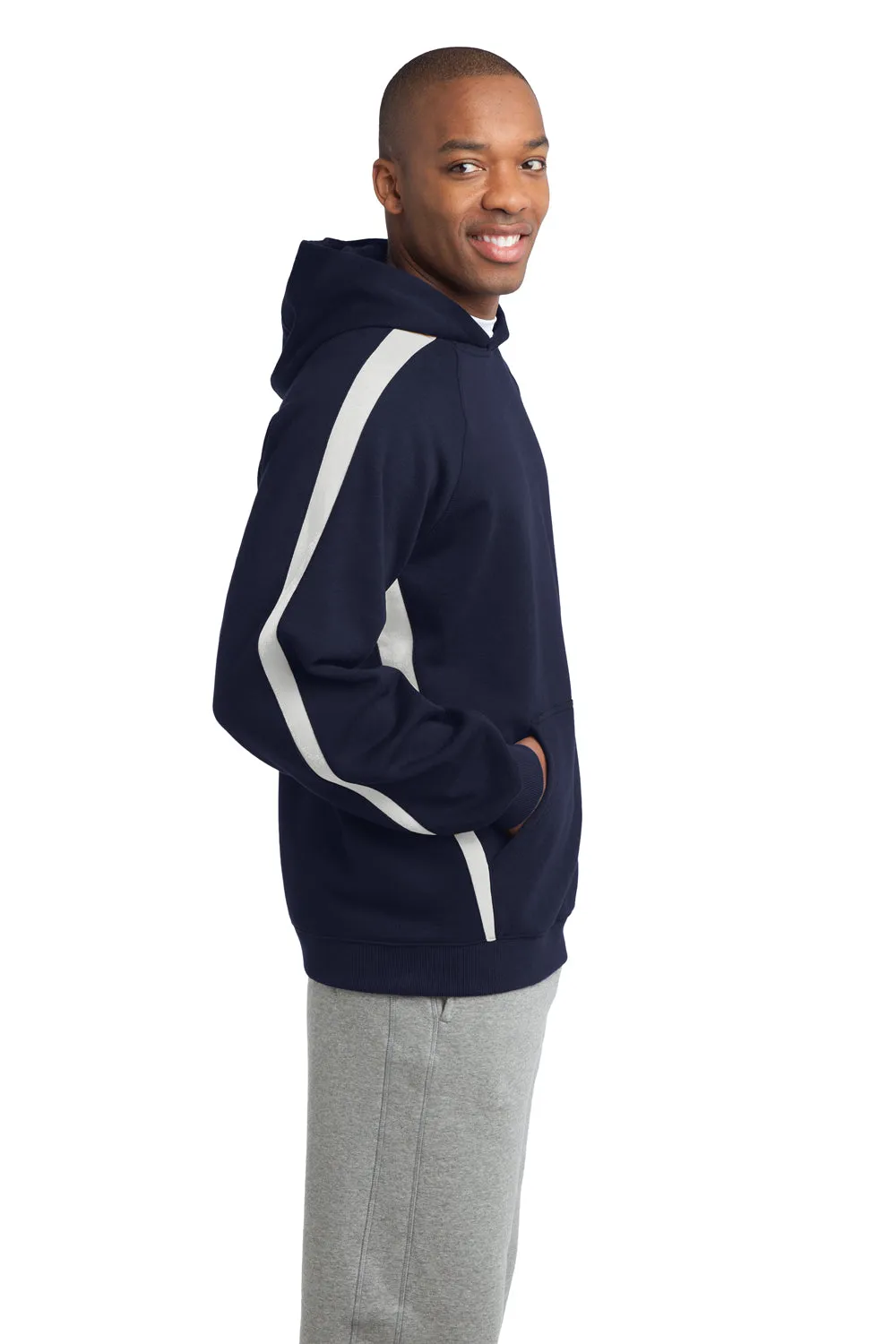 Sport-Tek Mens Shrink Resistant Fleece Hooded Sweatshirt Hoodie w/ Pouch Pocket - True Navy Blue/White - Closeout