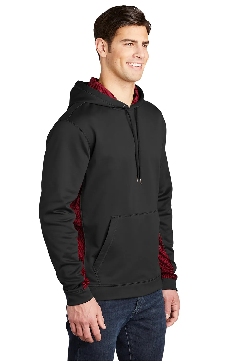 Sport-Tek Mens Sport-Wick CamoHex Moisture Wicking Fleece Hooded Sweatshirt Hoodie w/ Pouch Pocket - Black/Deep Red