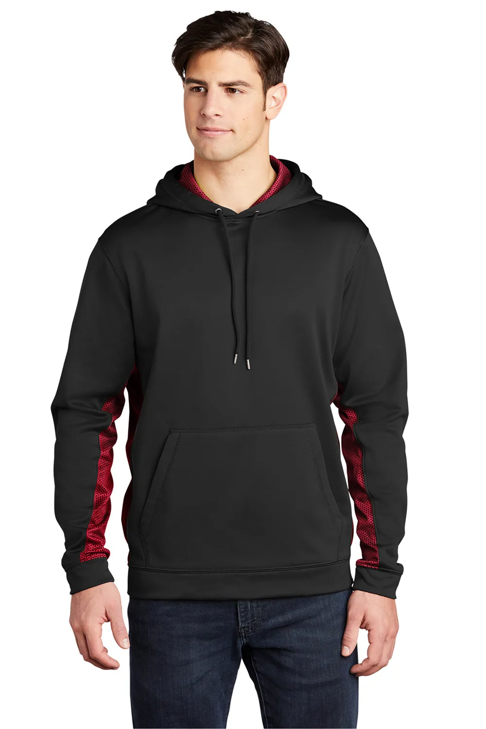 Sport-Tek Mens Sport-Wick CamoHex Moisture Wicking Fleece Hooded Sweatshirt Hoodie w/ Pouch Pocket - Black/Deep Red