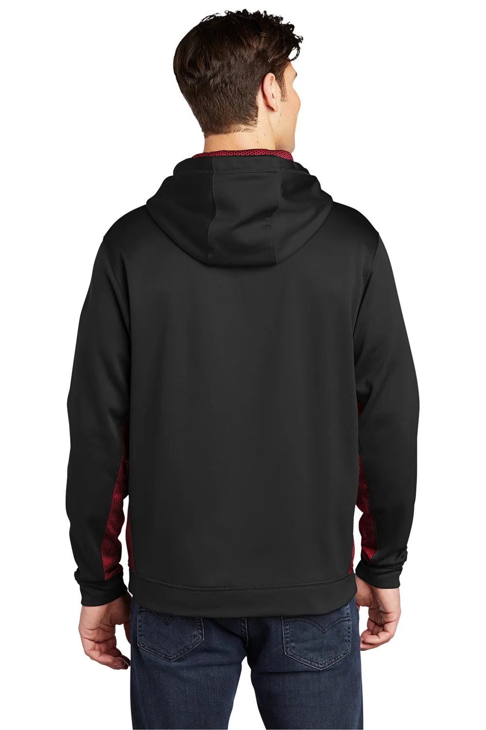 Sport-Tek Mens Sport-Wick CamoHex Moisture Wicking Fleece Hooded Sweatshirt Hoodie w/ Pouch Pocket - Black/Deep Red