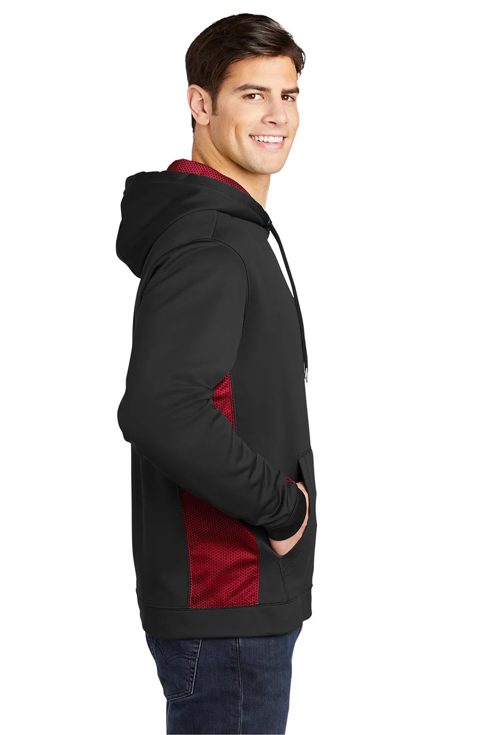 Sport-Tek Mens Sport-Wick CamoHex Moisture Wicking Fleece Hooded Sweatshirt Hoodie w/ Pouch Pocket - Black/Deep Red