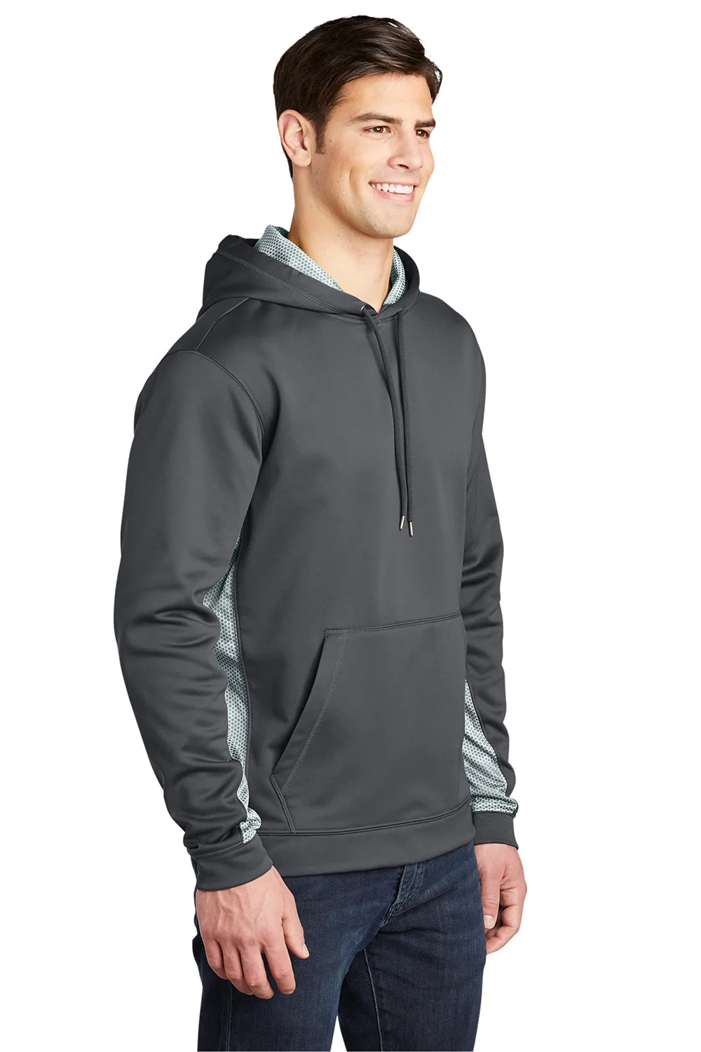 Sport-Tek Mens Sport-Wick CamoHex Moisture Wicking Fleece Hooded Sweatshirt Hoodie w/ Pouch Pocket - Dark Smoke Grey/White