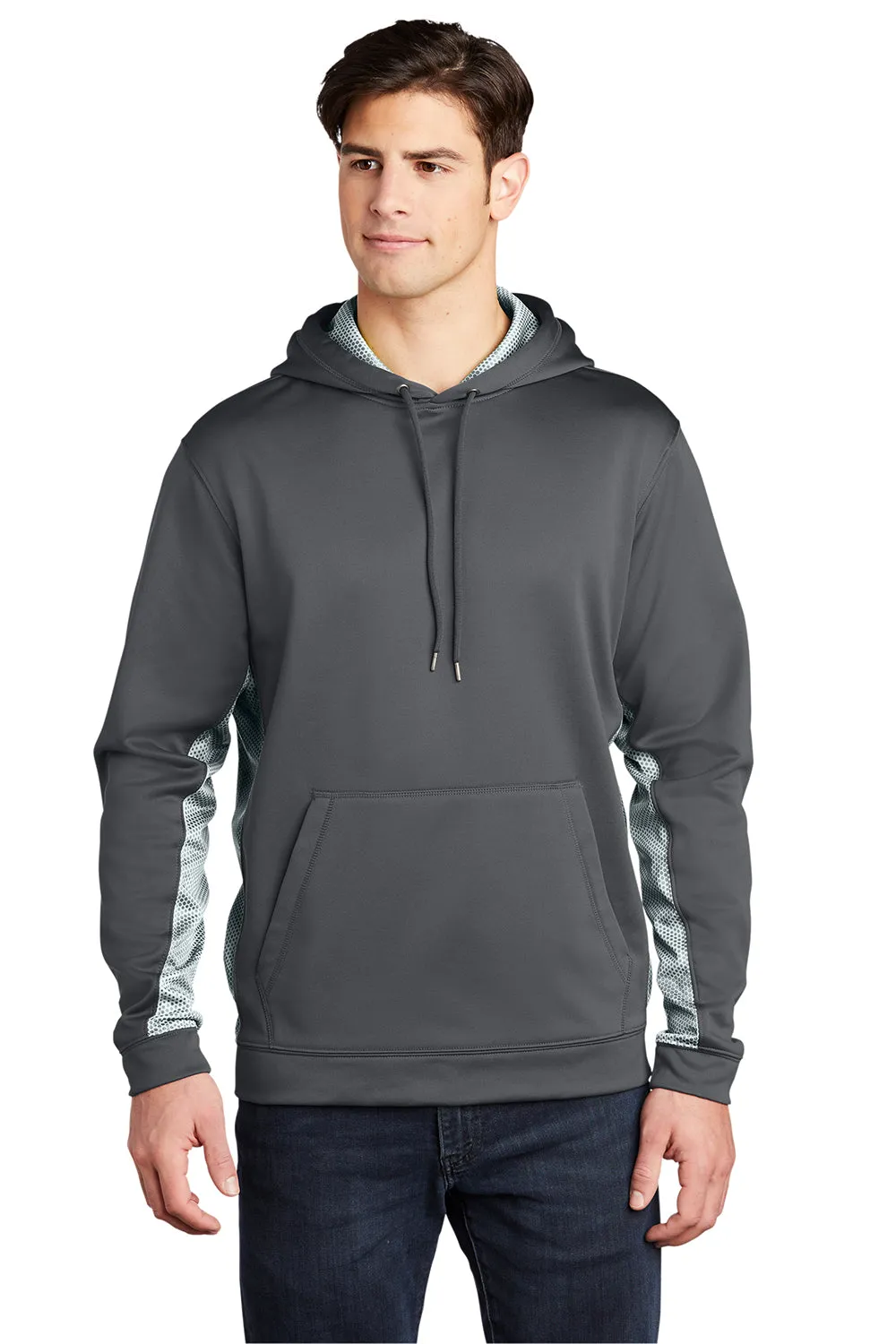 Sport-Tek Mens Sport-Wick CamoHex Moisture Wicking Fleece Hooded Sweatshirt Hoodie w/ Pouch Pocket - Dark Smoke Grey/White