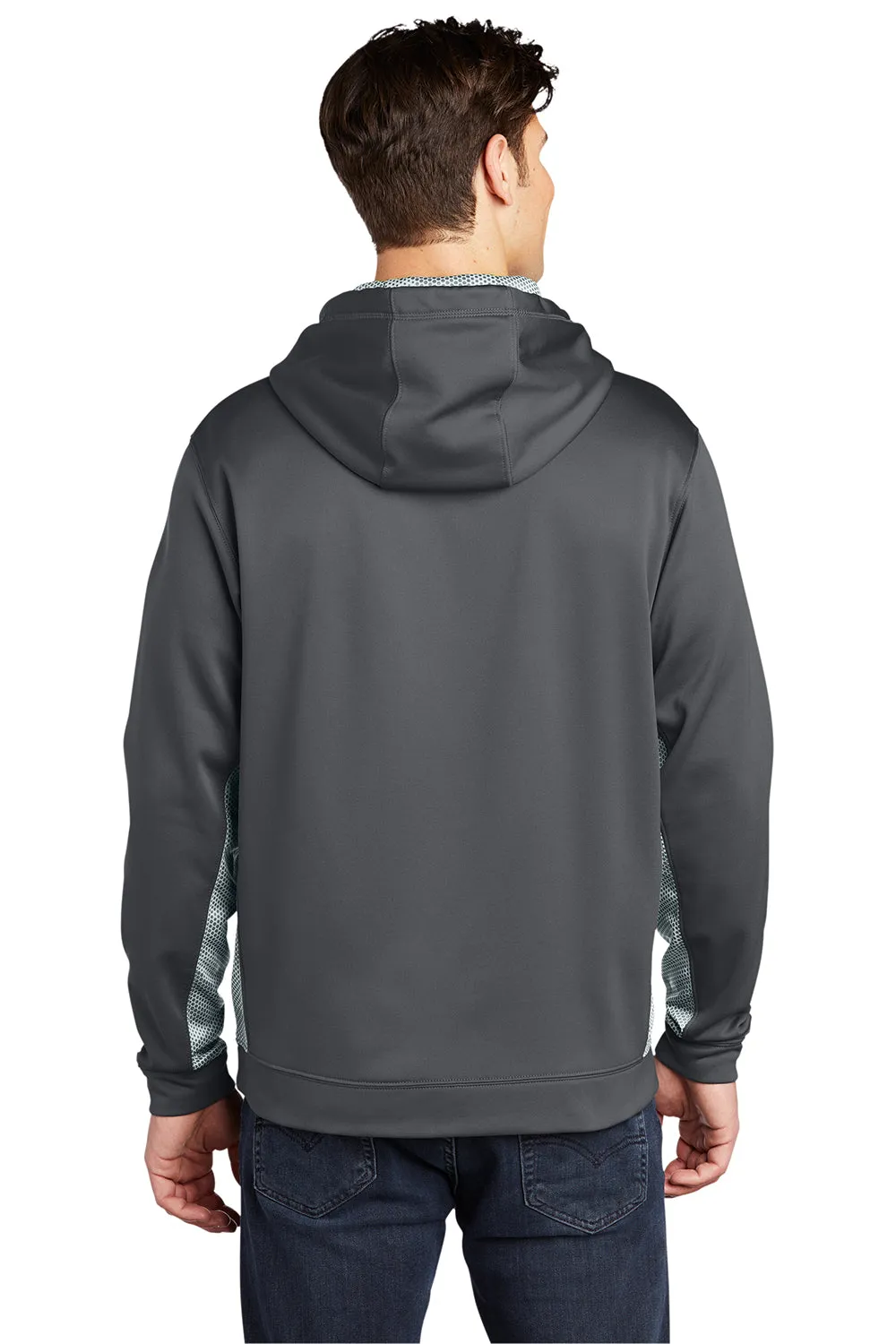Sport-Tek Mens Sport-Wick CamoHex Moisture Wicking Fleece Hooded Sweatshirt Hoodie w/ Pouch Pocket - Dark Smoke Grey/White