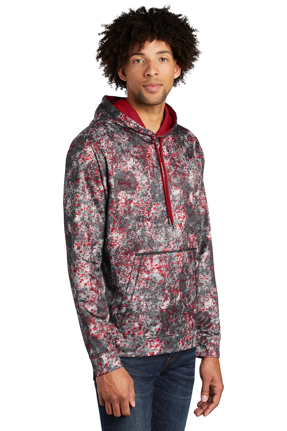 Sport-Tek Mens Sport-Wick Mineral Freeze Moisture Wicking Fleece Hooded Sweatshirt Hoodie w/ Pouch Pocket - Deep Red