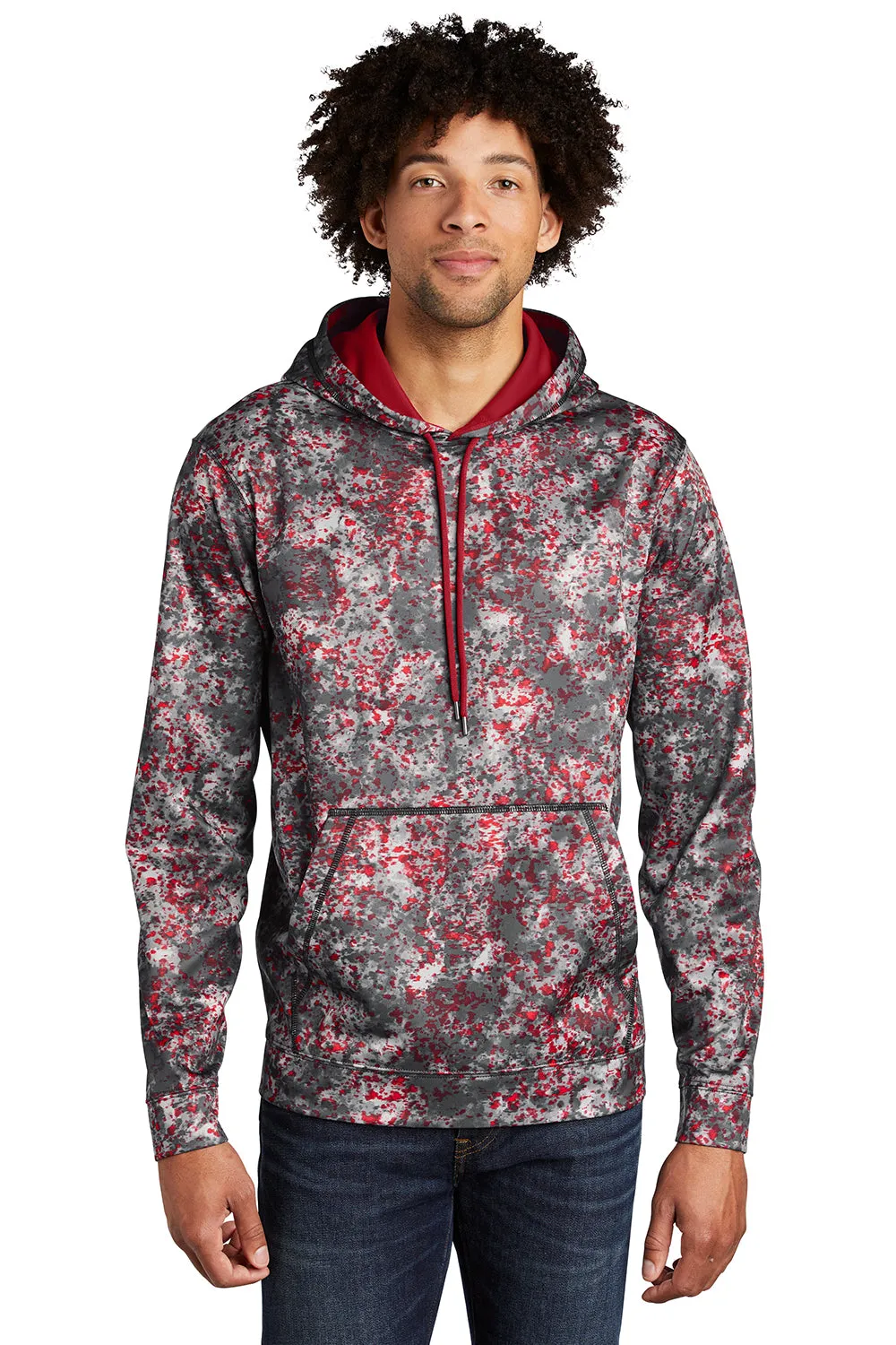 Sport-Tek Mens Sport-Wick Mineral Freeze Moisture Wicking Fleece Hooded Sweatshirt Hoodie w/ Pouch Pocket - Deep Red