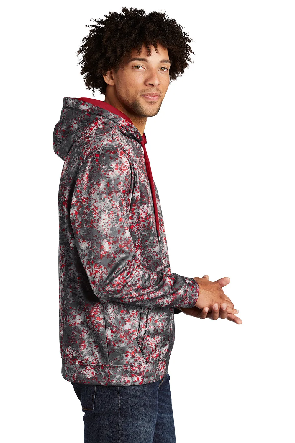 Sport-Tek Mens Sport-Wick Mineral Freeze Moisture Wicking Fleece Hooded Sweatshirt Hoodie w/ Pouch Pocket - Deep Red