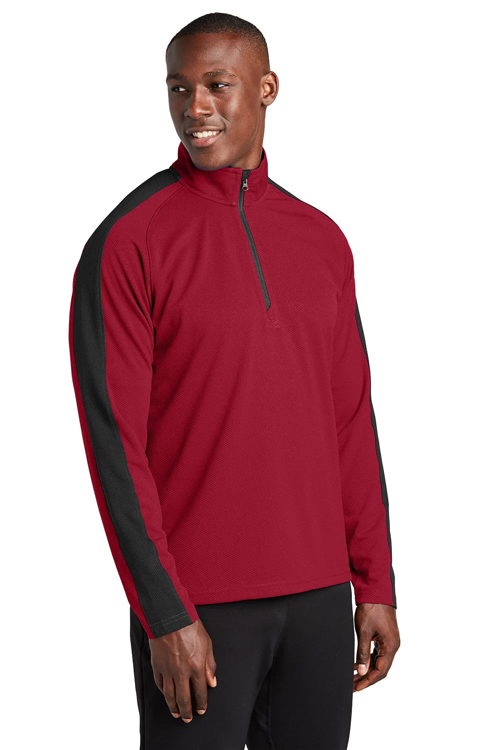 Sport-Tek Mens Sport-Wick Moisture Wicking 1/4 Zip Sweatshirt - Deep Red/Black - Closeout