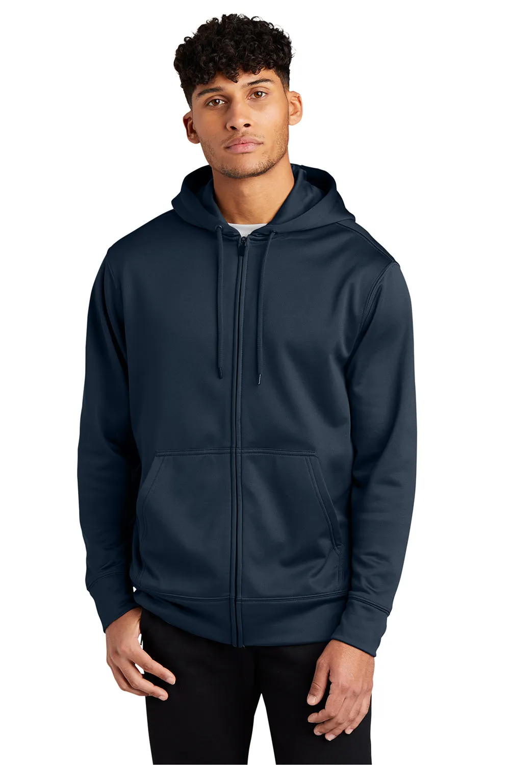 Sport-Tek Mens Sport-Wick Moisture Wicking Fleece Full Zip Hooded Sweatshirt Hoodie w/ Pouch Pocket - Navy Blue