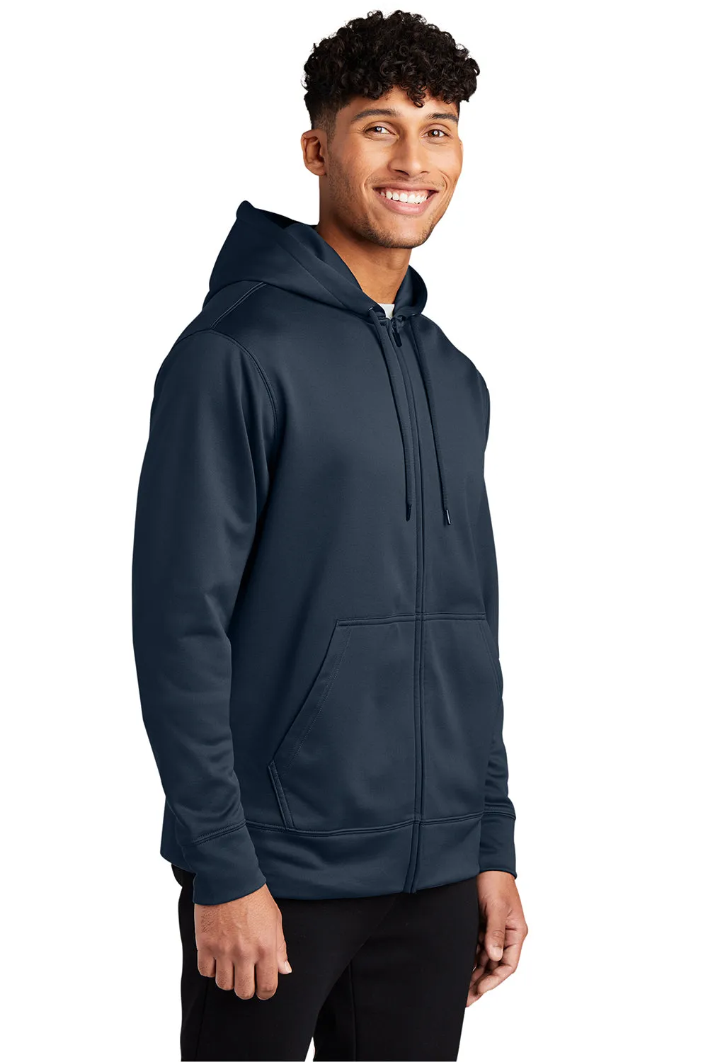 Sport-Tek Mens Sport-Wick Moisture Wicking Fleece Full Zip Hooded Sweatshirt Hoodie w/ Pouch Pocket - Navy Blue