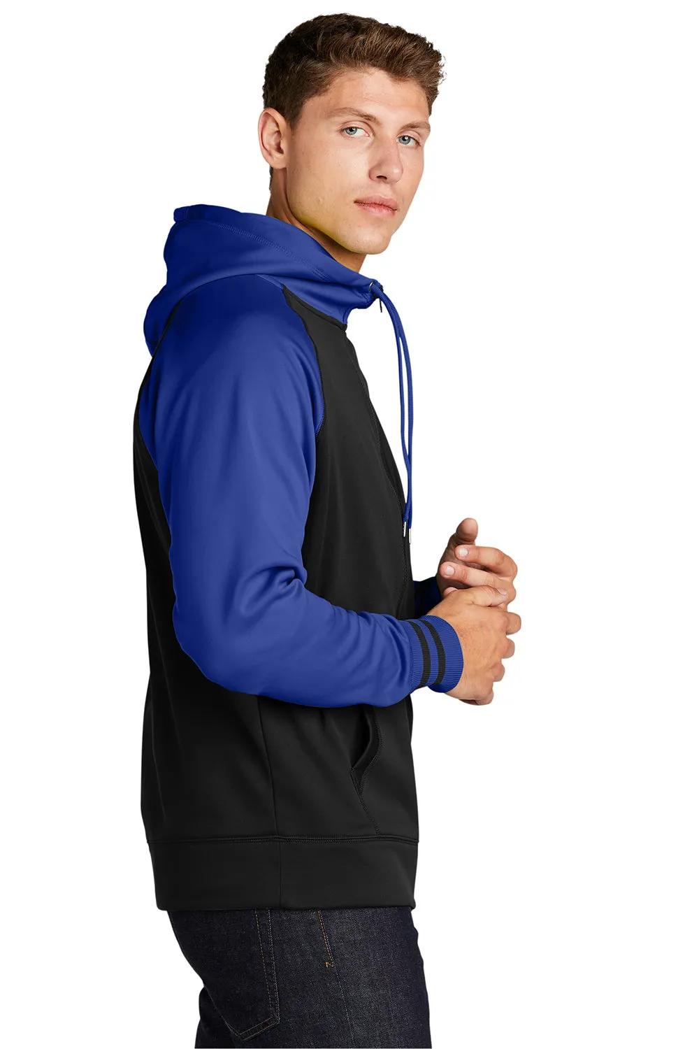 Sport-Tek Mens Sport-Wick Moisture Wicking Fleece Hooded Sweatshirt Hoodie w/ Pouch Pocket - Black/True Royal Blue