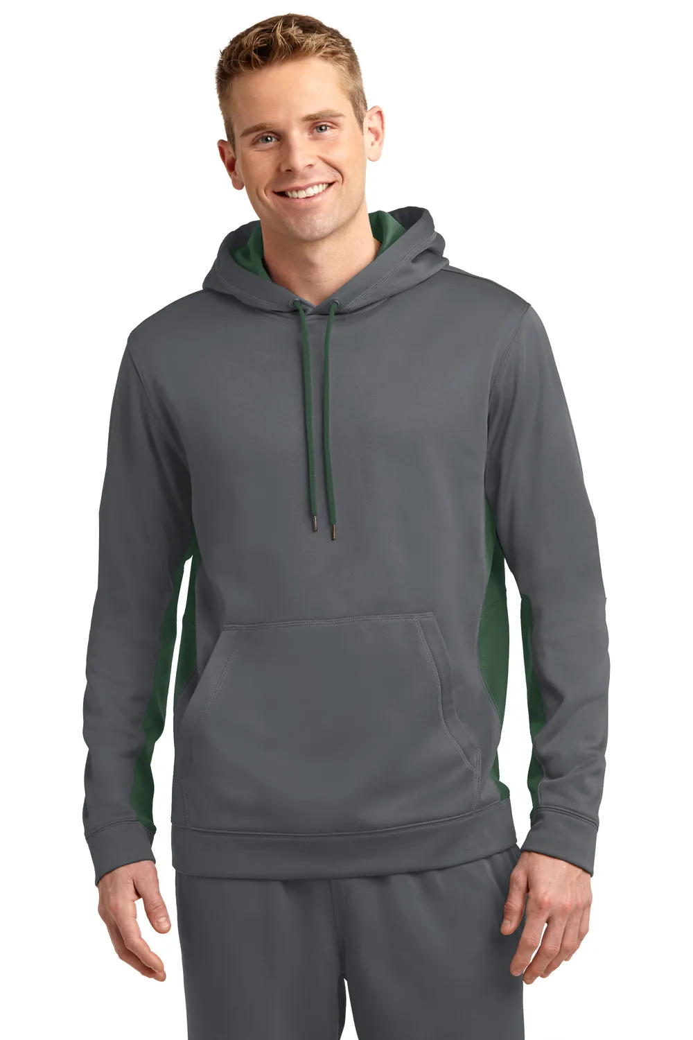 Sport-Tek Mens Sport-Wick Moisture Wicking Fleece Hooded Sweatshirt Hoodie w/ Pouch Pocket - Dark Smoke Grey/Forest Green - Closeout